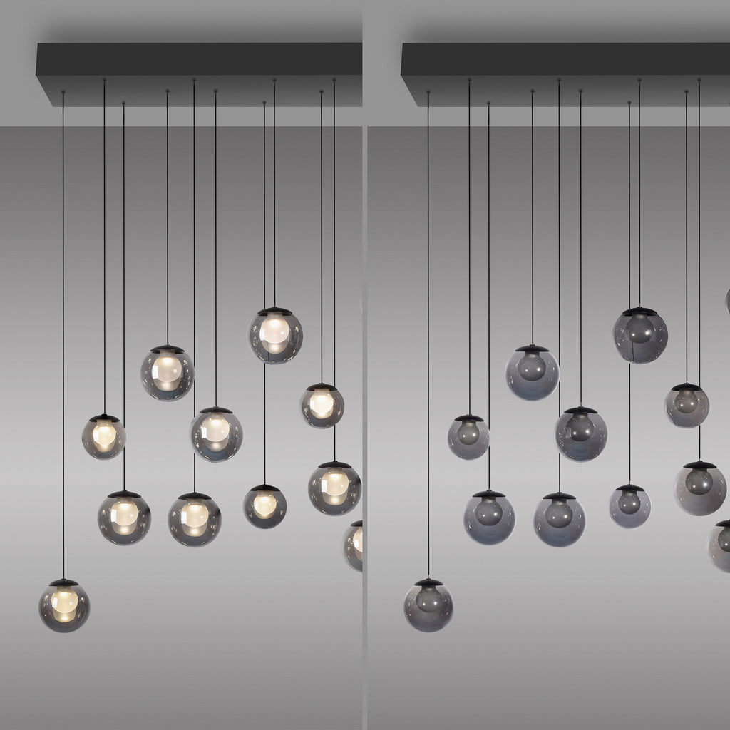 LED pendellampe Popup 13-lys glass grå CCT dimbar detaljer i aluminium