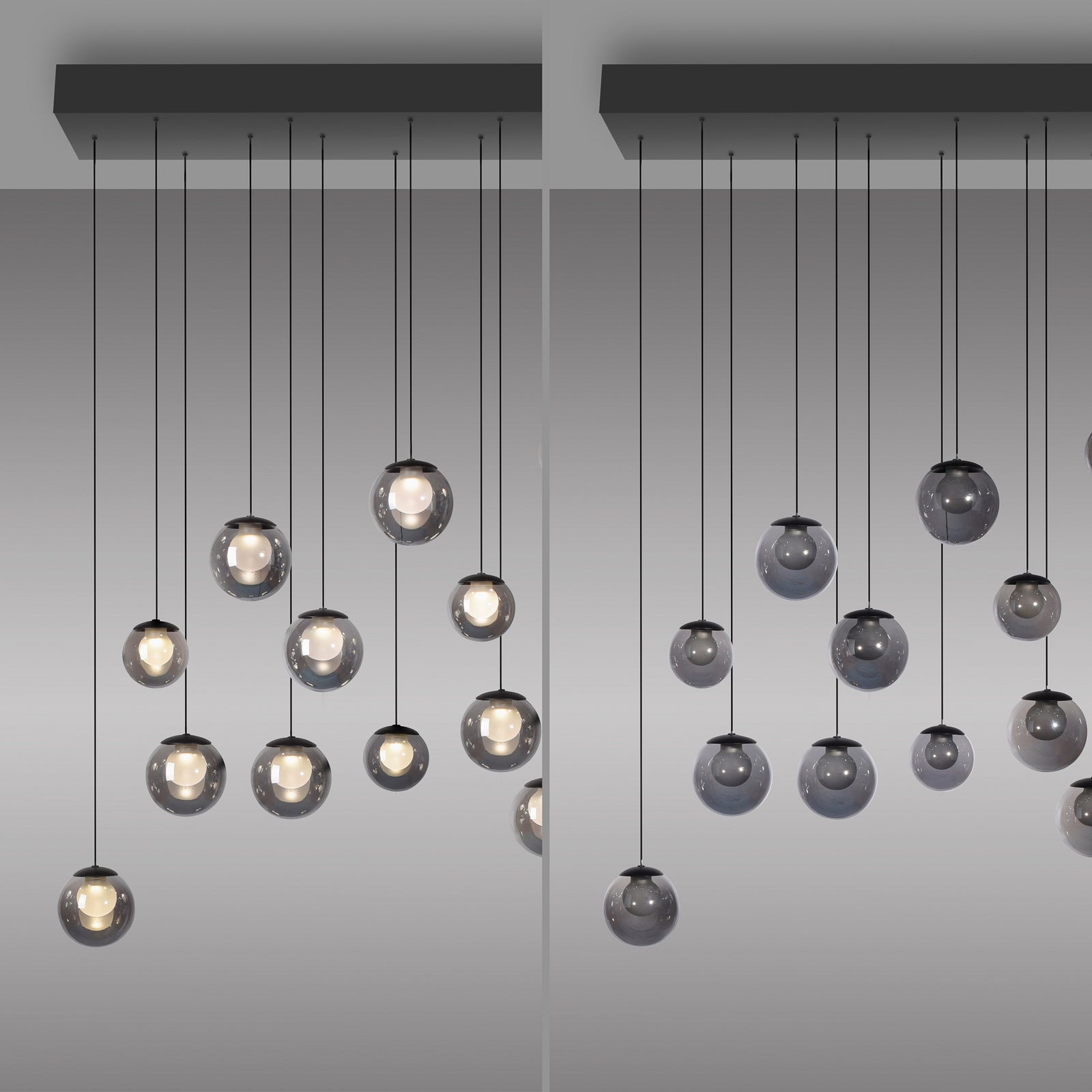 LED pendellampe Popup 13-lys glass grå CCT dimbar detaljer i aluminium