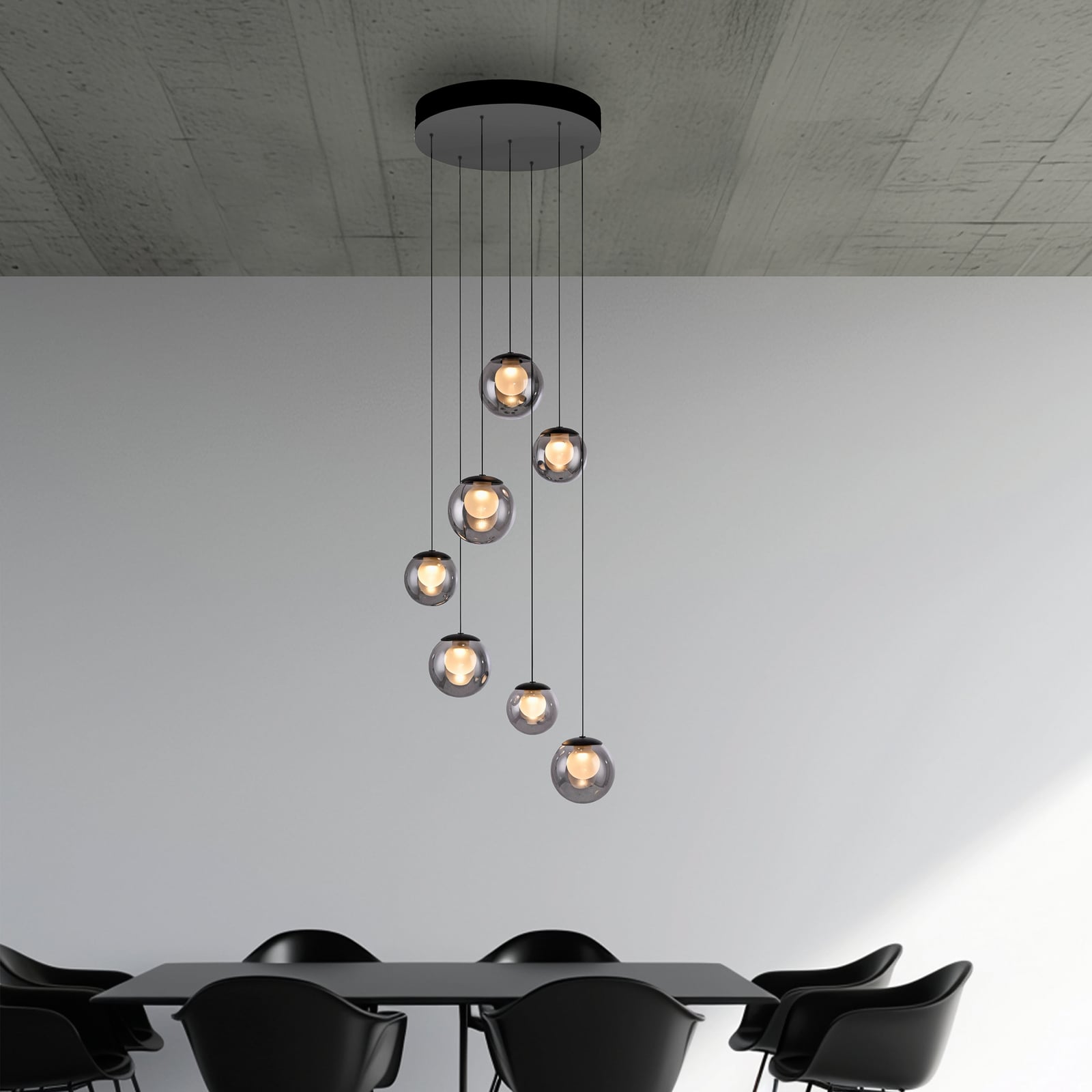 Bakside av LED pendellampe Popup 7-lys dimbar CCT grå Ø40 cm