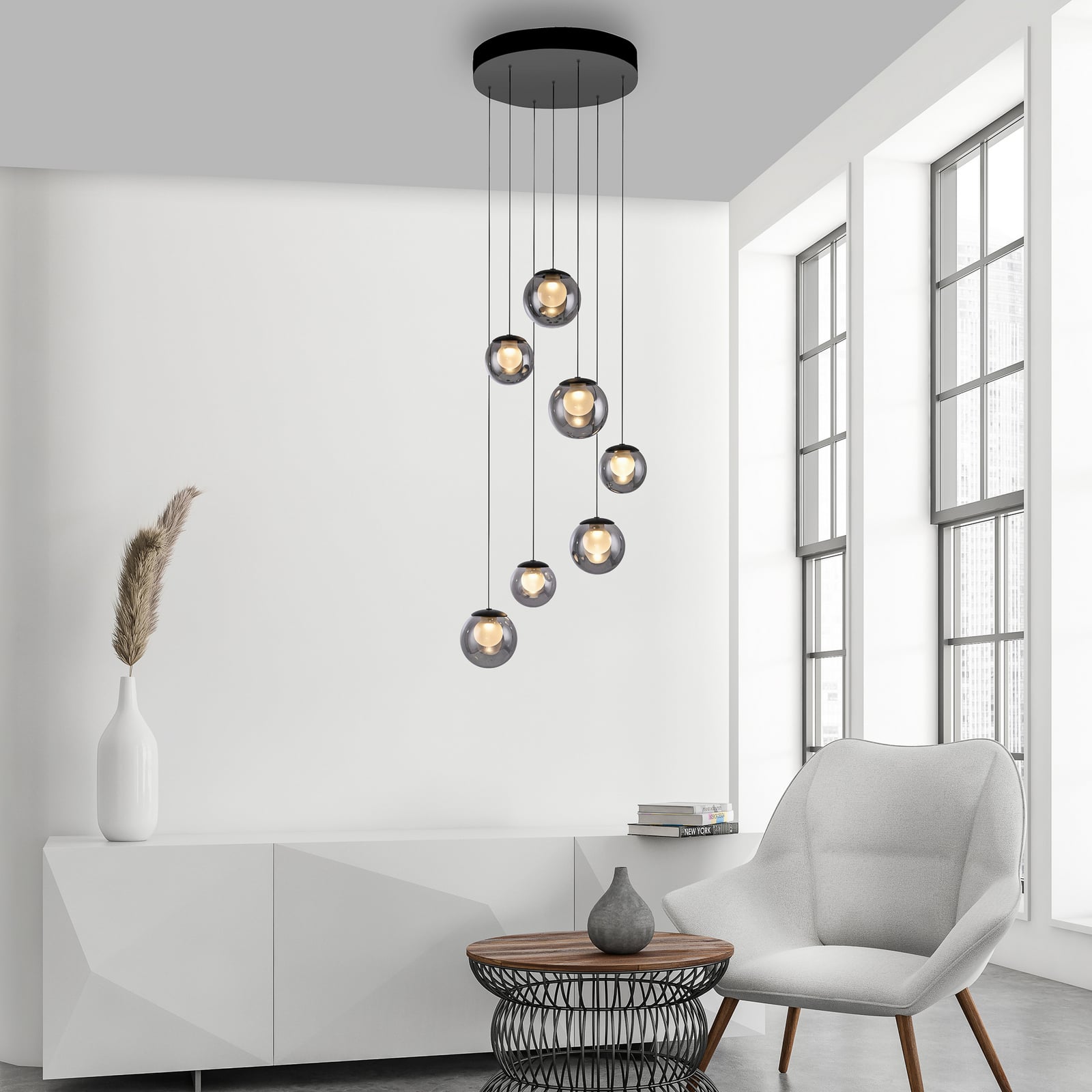 Detalj av glass og aluminium på LED pendellampe Popup 7-lys dimbar CCT grå Ø40 cm