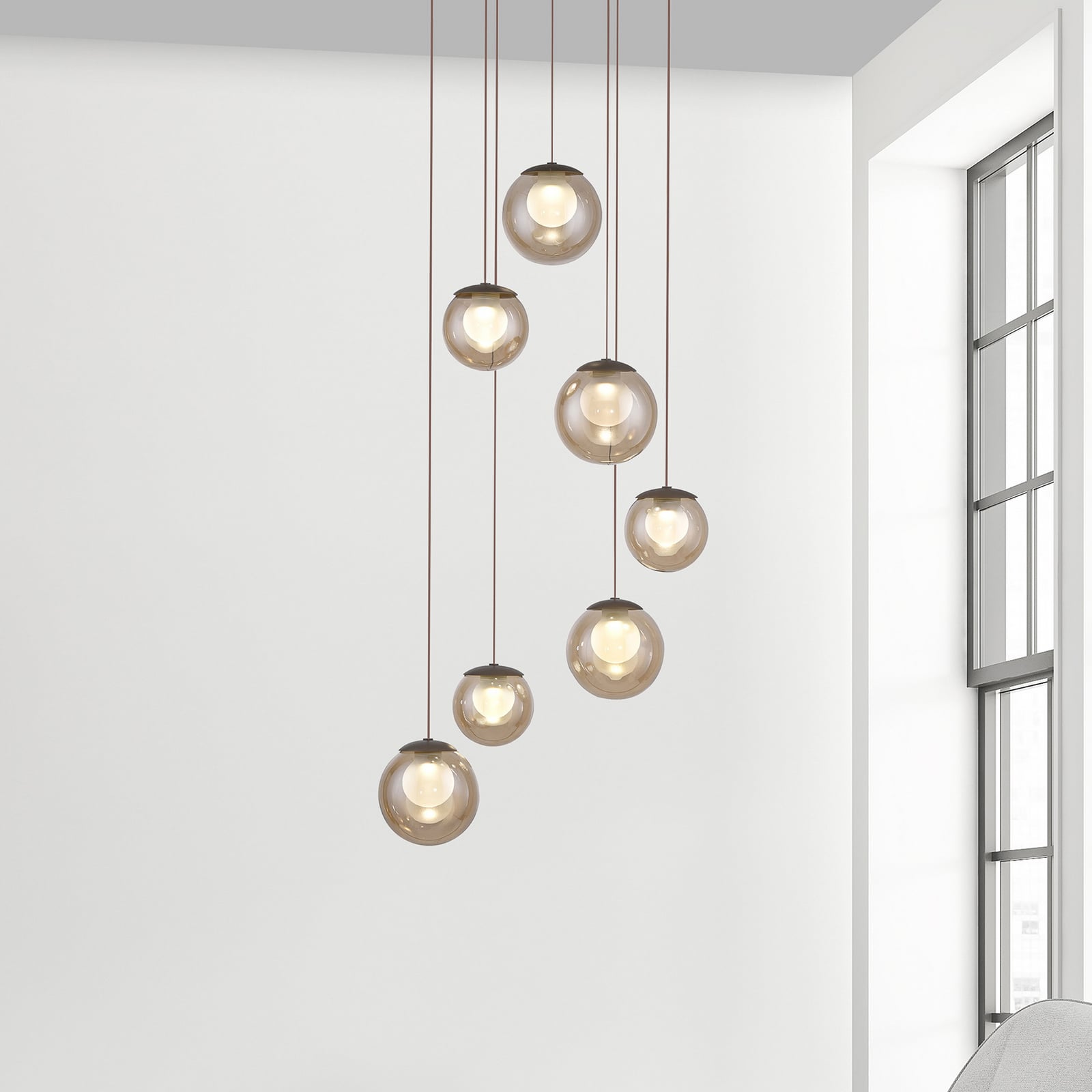 LED pendellampe Popup 7-lys glass CCT Ø40 cm bronse - PURE forfra