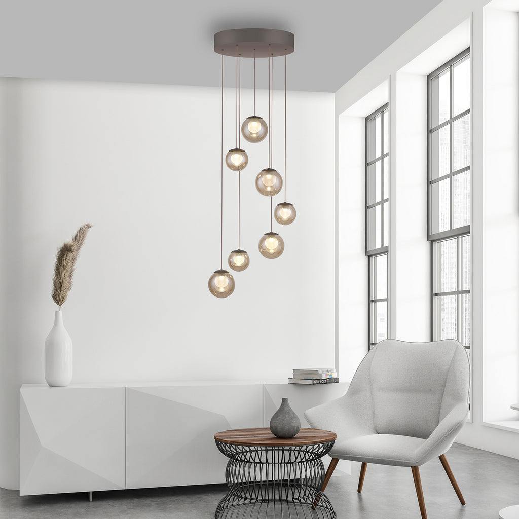 LED pendellampe Popup 7-lys glass CCT Ø40 cm bronse - PURE detalj av glass