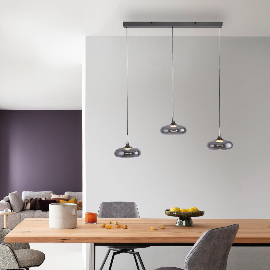 LED pendellampe Posh 3-lys røykglass Ø22 cm dimbar bakside