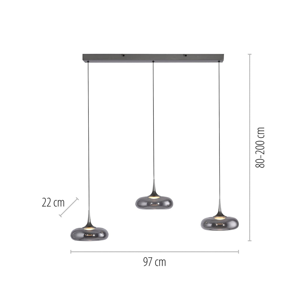 LED pendellampe Posh 3-lys røykglass Ø22 cm dimbar detalj