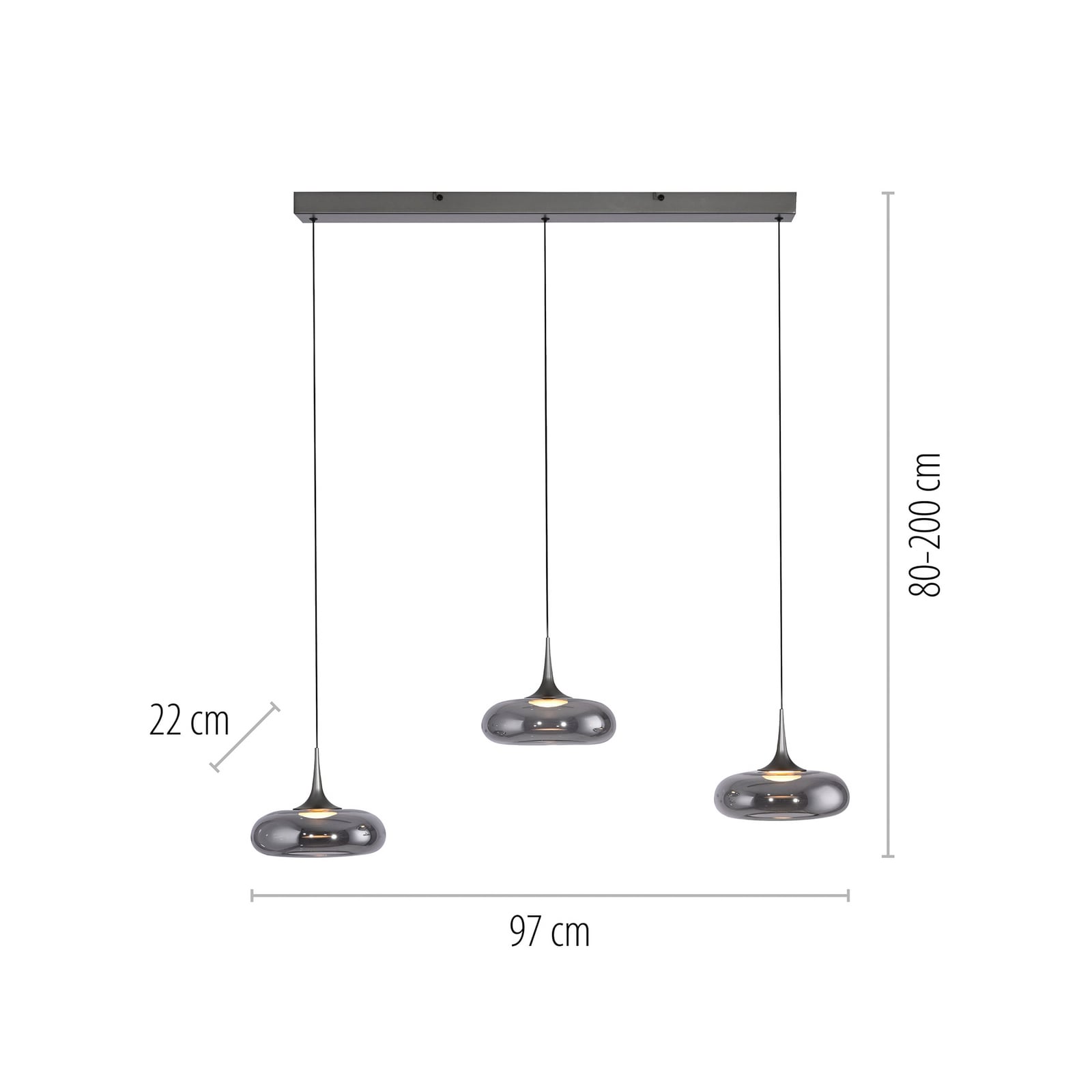 LED pendellampe Posh 3-lys røykglass Ø22 cm dimbar detalj