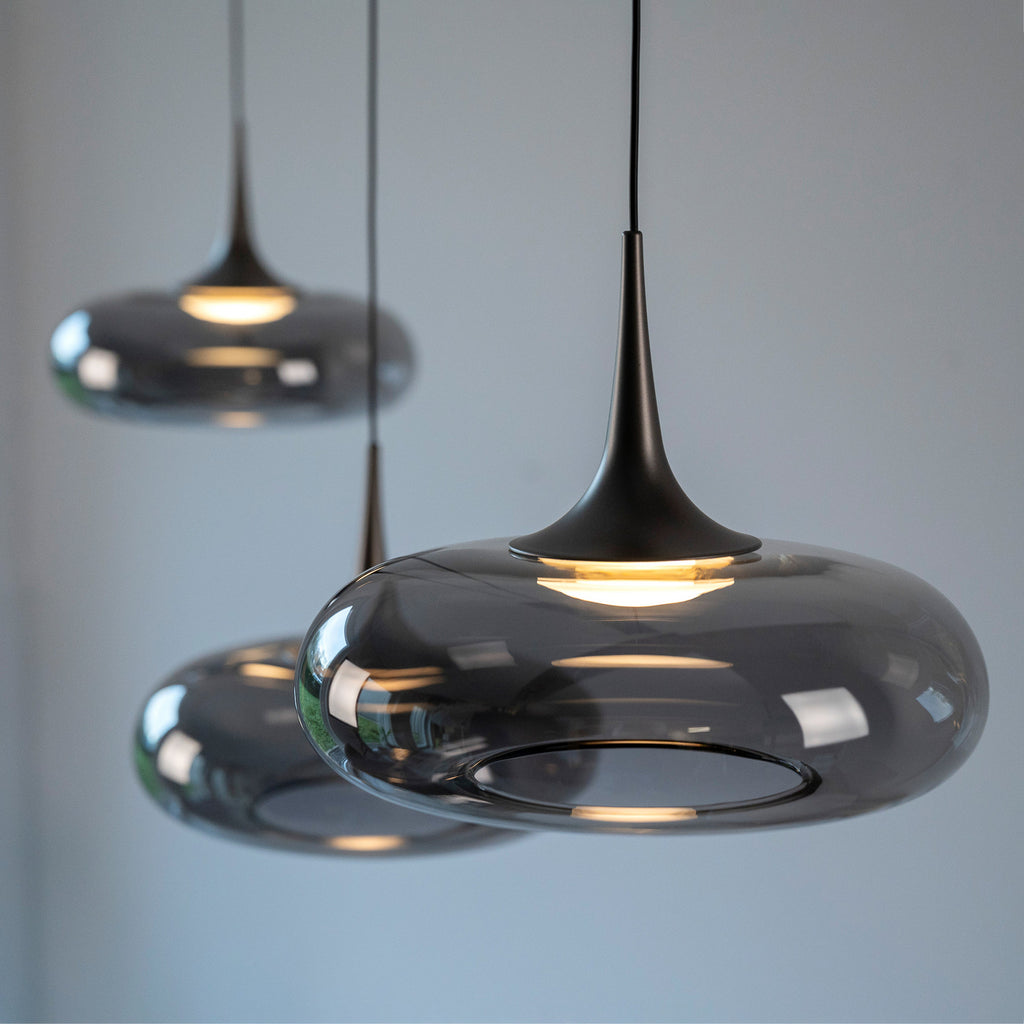 LED pendellampe Posh 3-lys røykglass Ø22 cm dimbar justerbar høyde