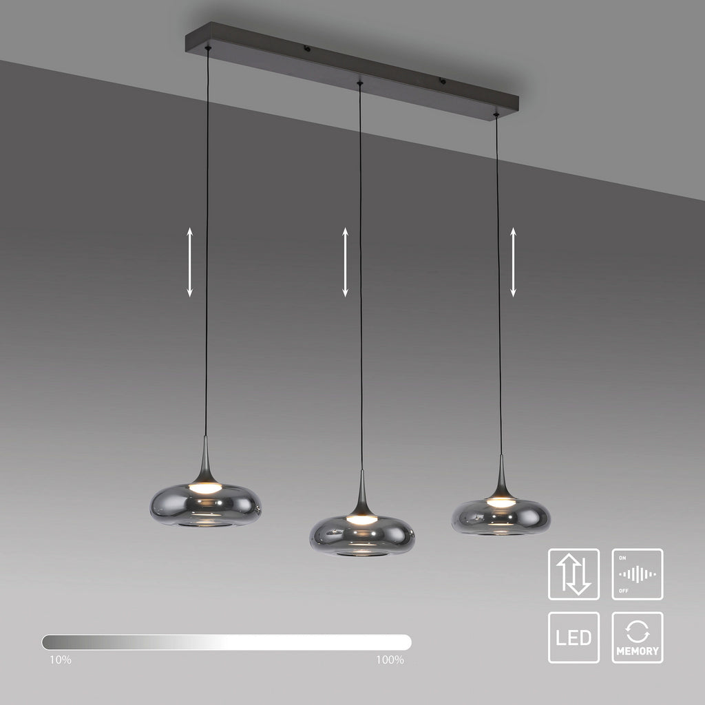 LED pendellampe Posh 3-lys røykglass Ø22 cm dimbar sideprofil
