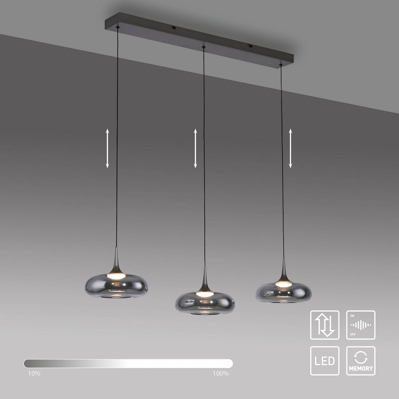 LED pendellampe Posh 3-lys røykglass Ø22 cm dimbar sideprofil