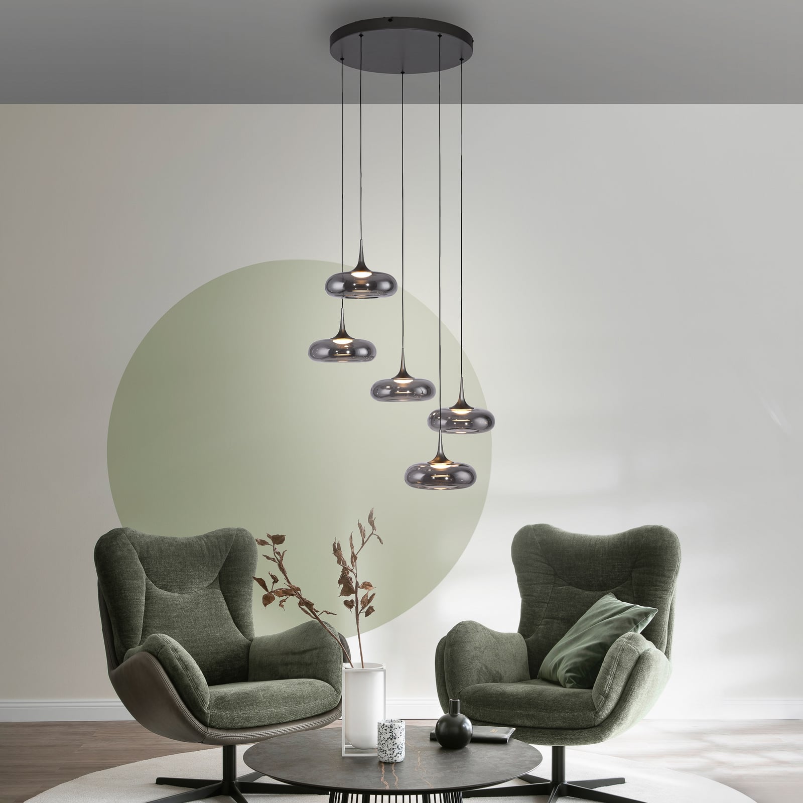 LED pendellampe Posh 5-lys røykglass dimbar bakside