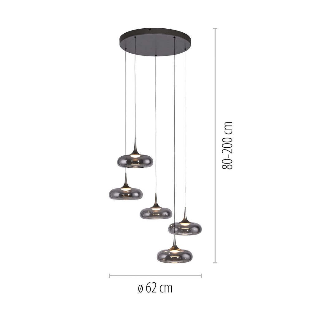Detaljbilde av LED pendellampe Posh 5-lys røykglass dimbar