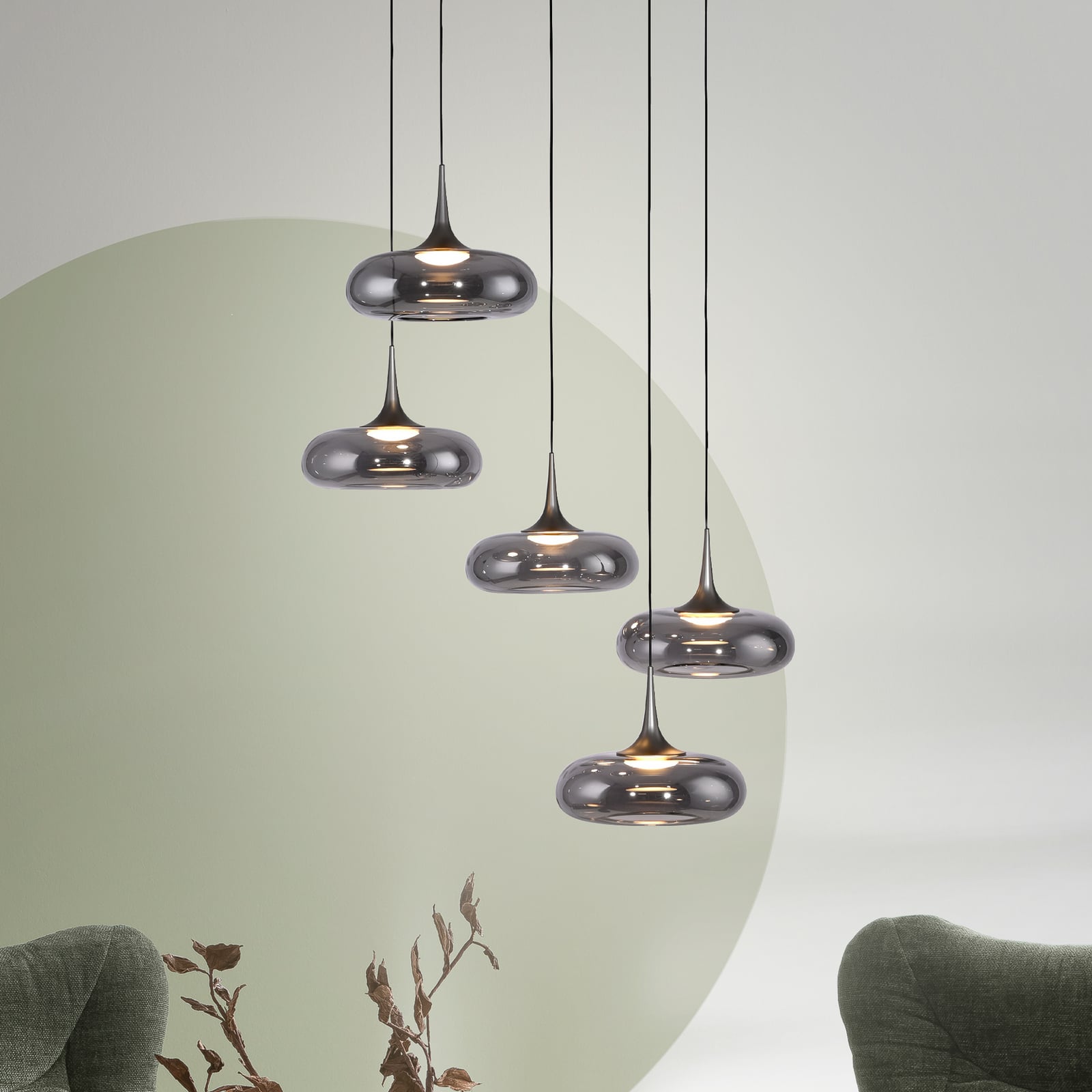 LED pendellampe Posh 5-lys røykglass dimbar forfra