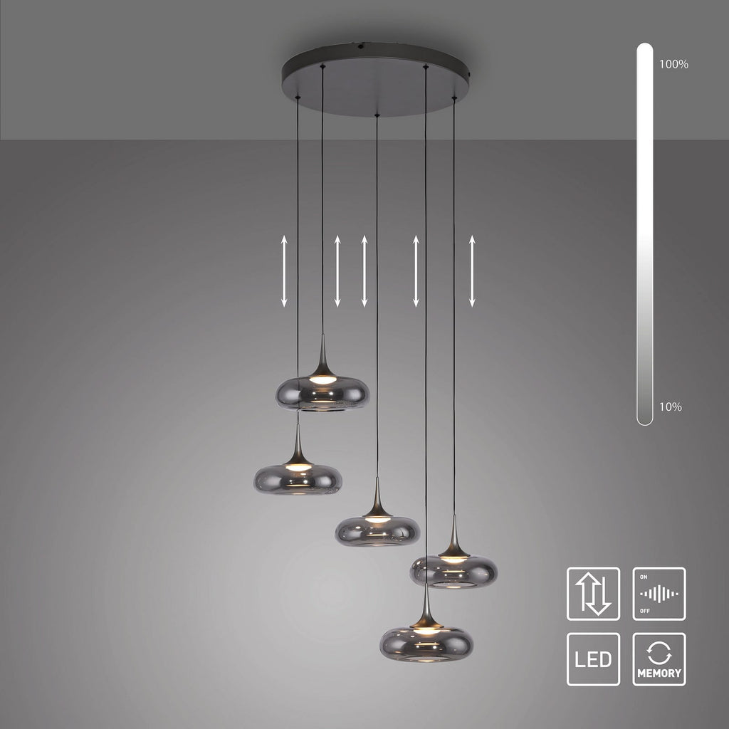 LED pendellampe Posh 5-lys røykglass dimbar med slank design