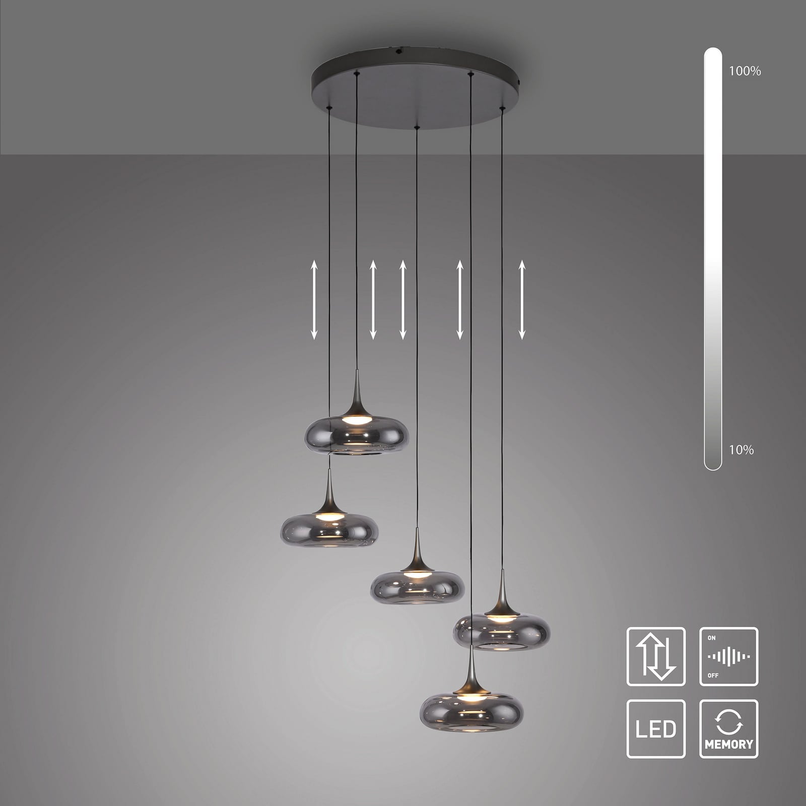 LED pendellampe Posh 5-lys røykglass dimbar med slank design