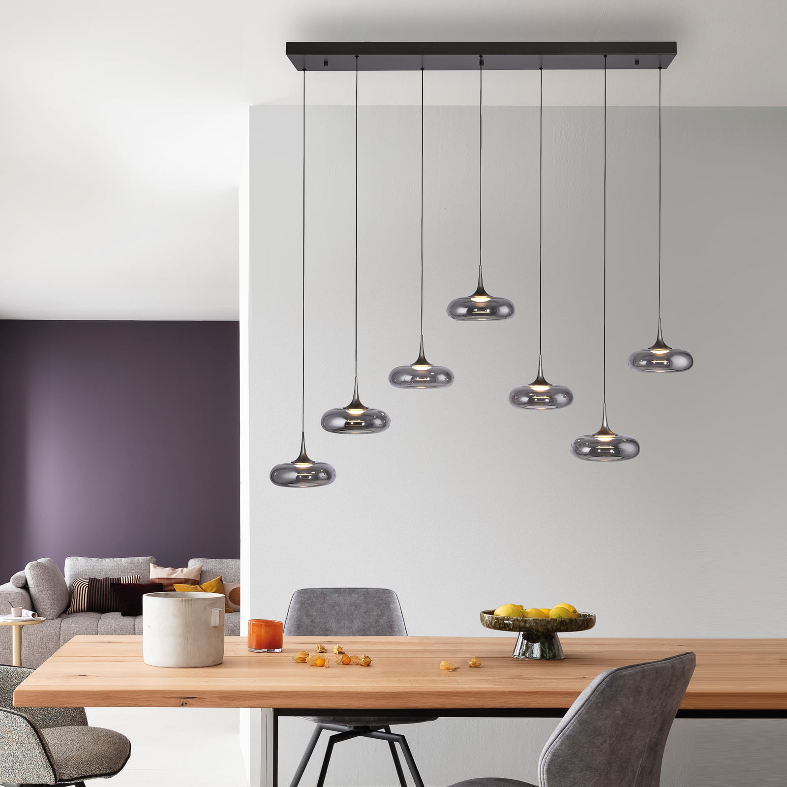 LED pendellampe Posh 7-lys røykglass dimbar bakside