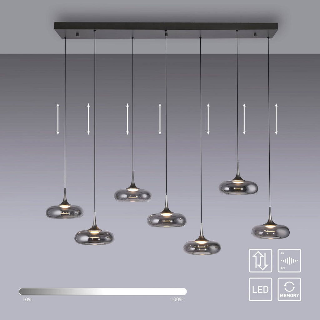 LED pendellampe Posh 7-lys røykglass dimbar lysglimt