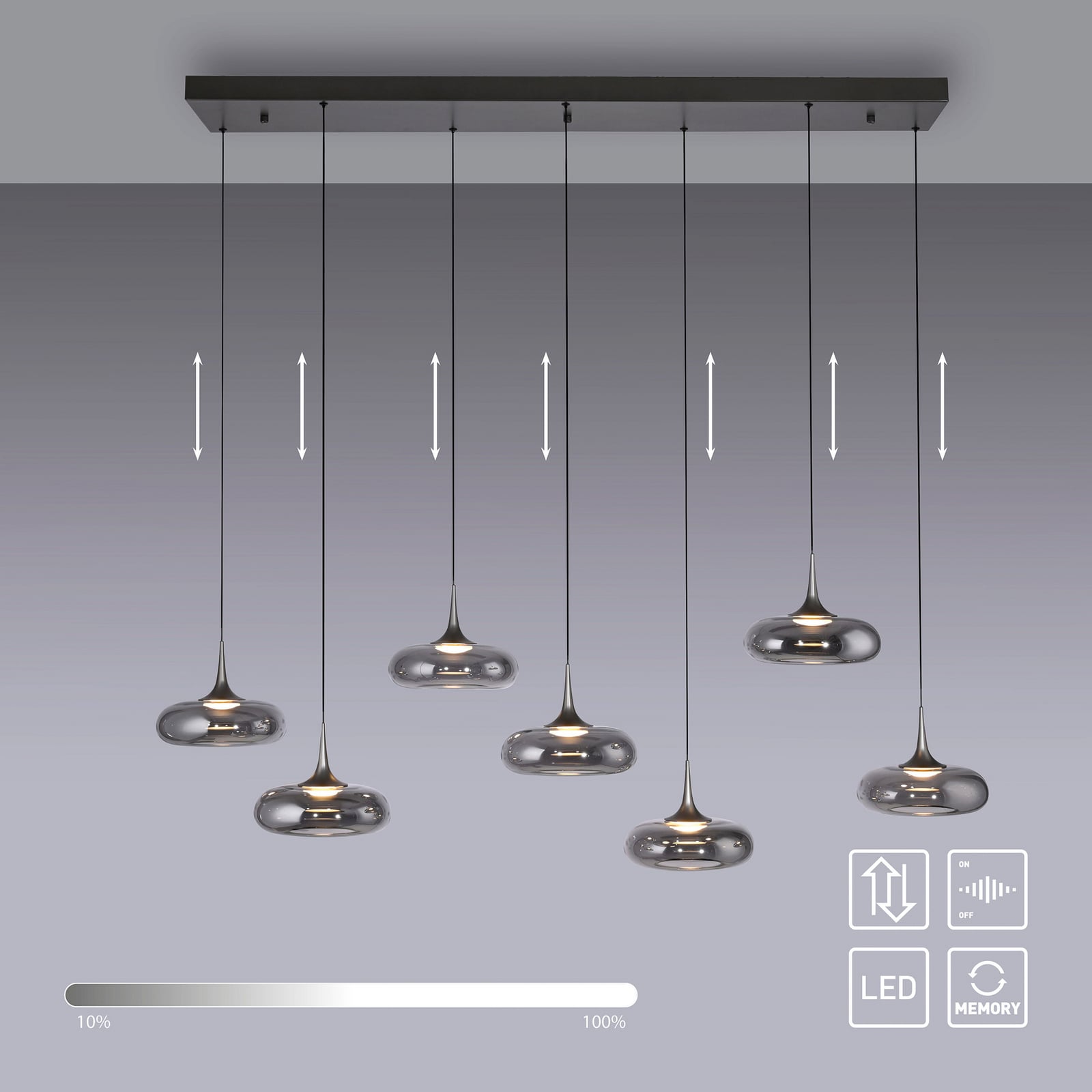 LED pendellampe Posh 7-lys røykglass dimbar lysglimt