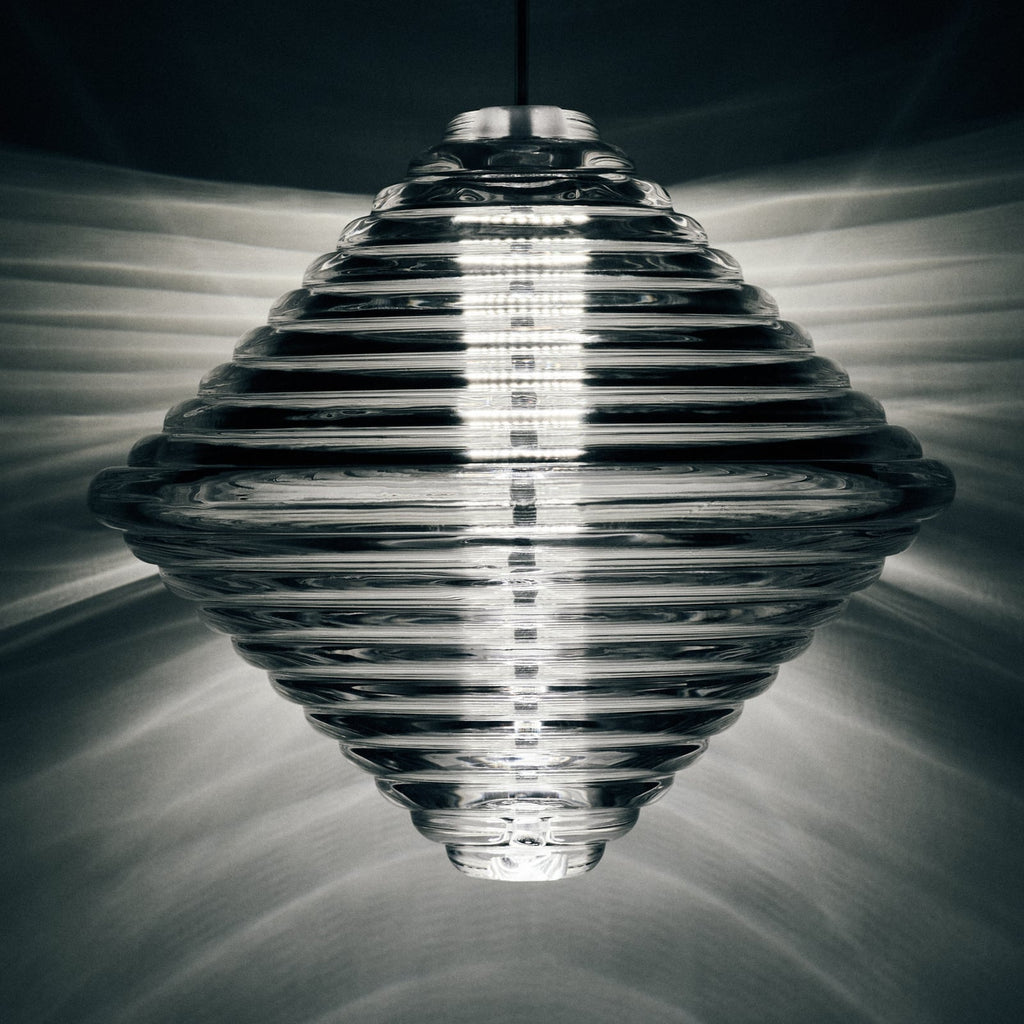 LED pendellampe Press Cone klar glass Ø34 cm dimbar montert