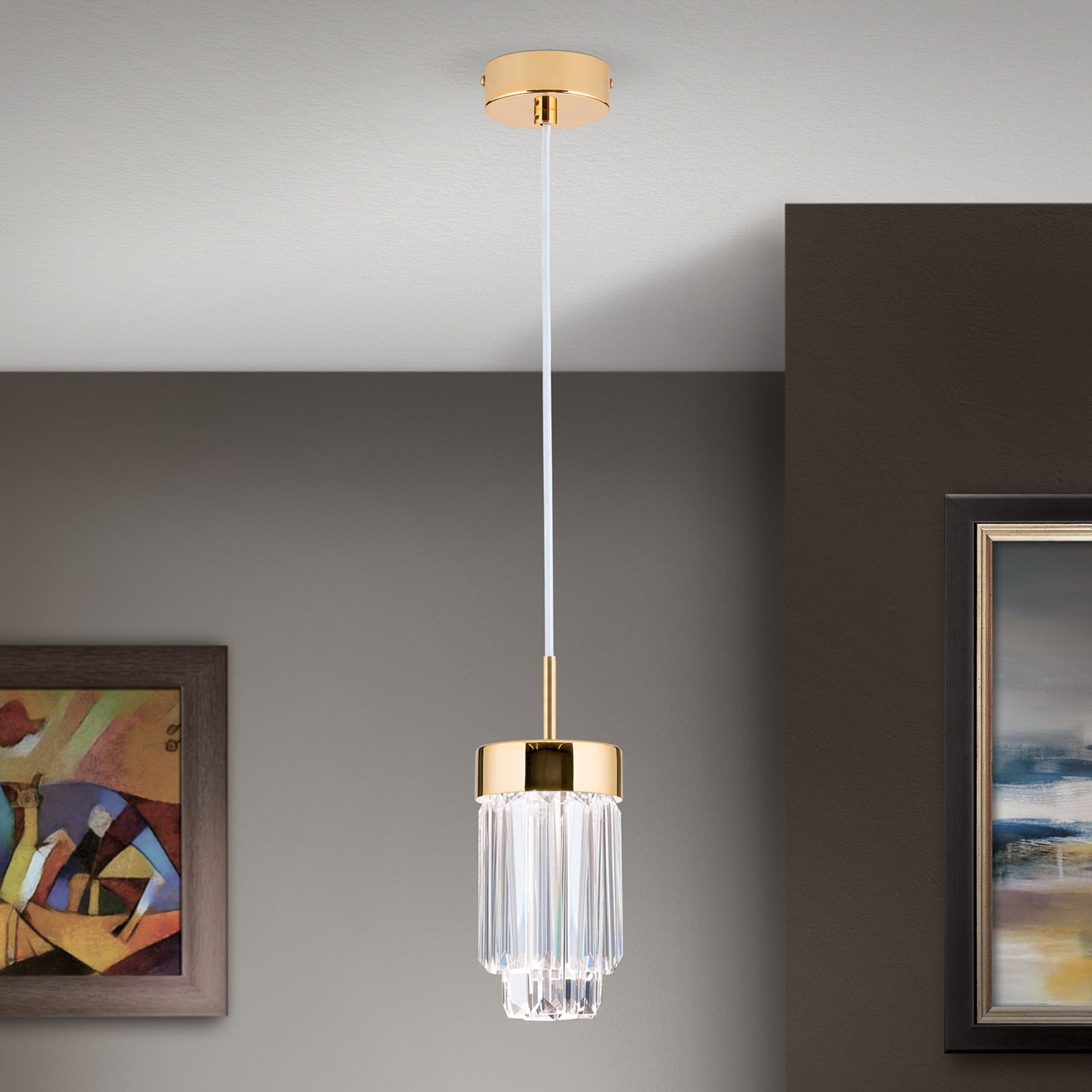 LED pendellampe Prism krystallglass gull dimbar Ø10 cm - ORION forfra