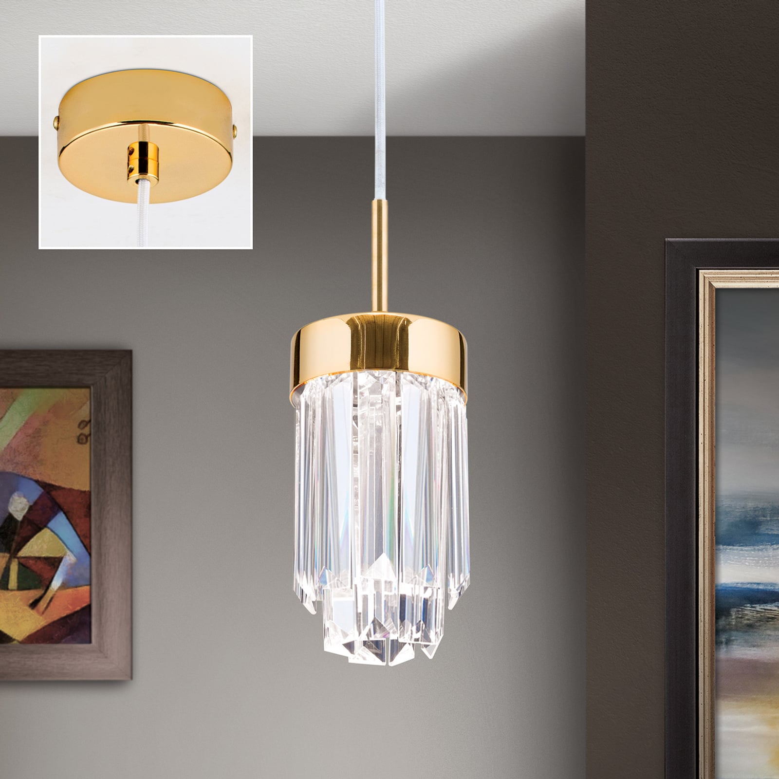 LED pendellampe Prism krystallglass gull dimbar Ø10 cm - ORION nærbilde metall