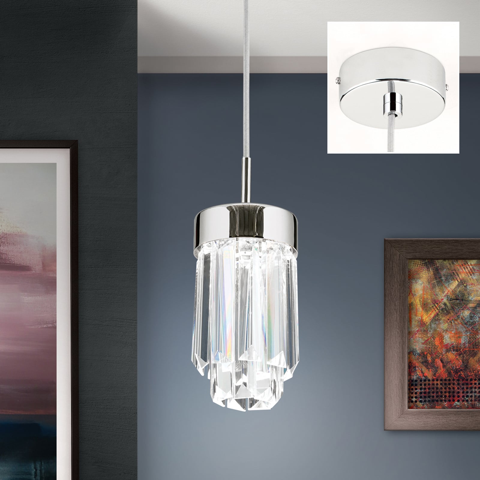 Nærbilde av LED pendellampe Prism krystallglass dimbar Ø10 cm krom - ORION
