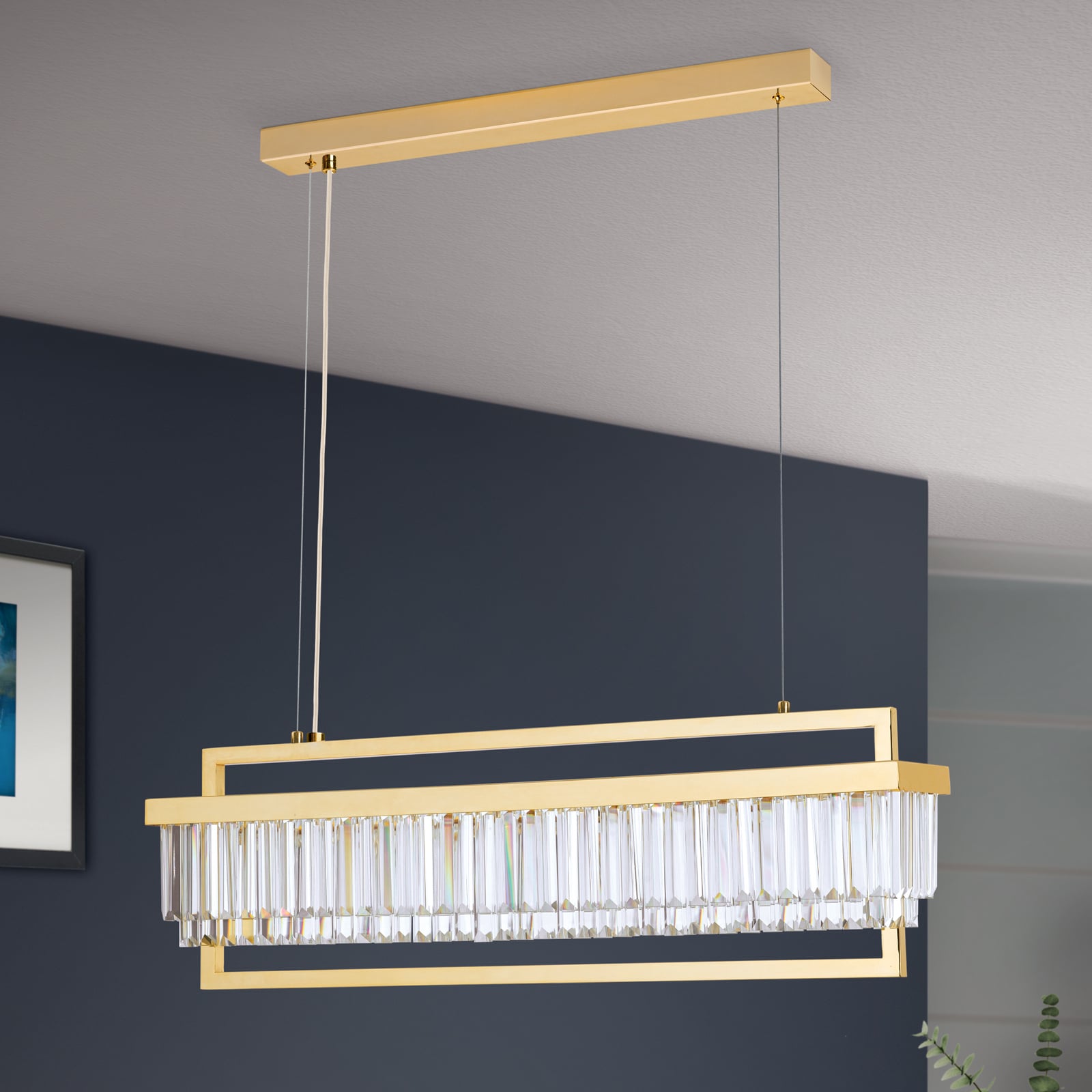 LED pendellampe Prism krystallglass gull 90 cm dimbar bakside