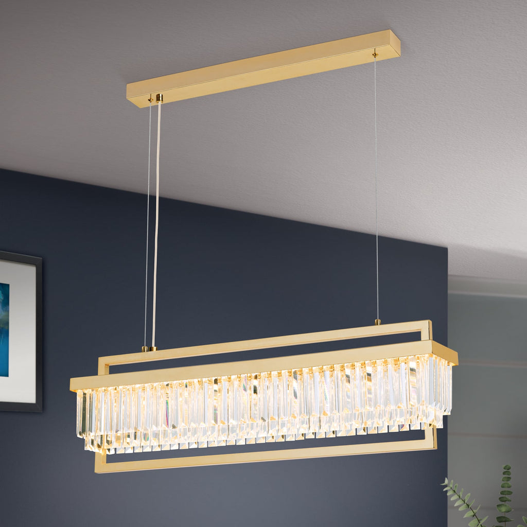 LED pendellampe Prism krystallglass gull 90 cm dimbar forfra