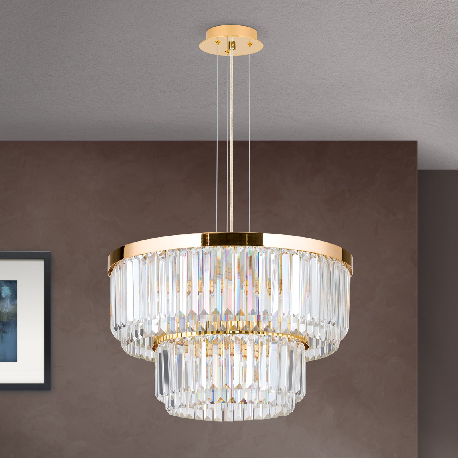 LED pendellampe Prism rund krystall dimbar Ø55 cm gull - ORION montert i rom