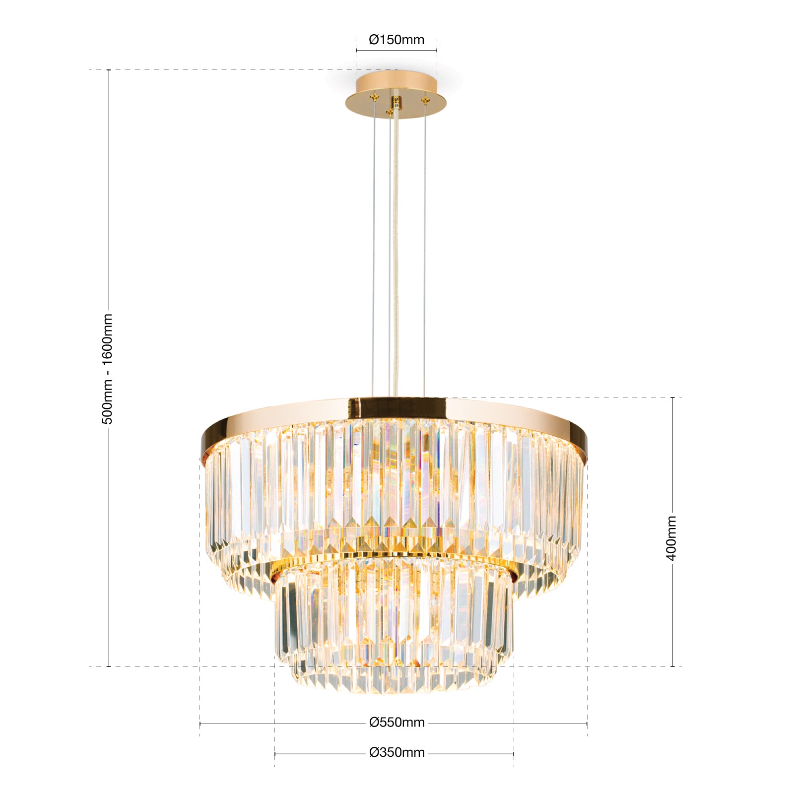 LED pendellampe Prism rund krystall dimbar Ø55 cm gull - ORION justerbar høyde