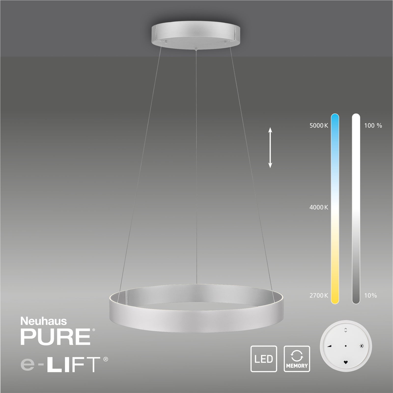 LED pendellampe PURE E-Clipse aluminium Ø70 cm 44W CCT dimbar monteringsdetalj