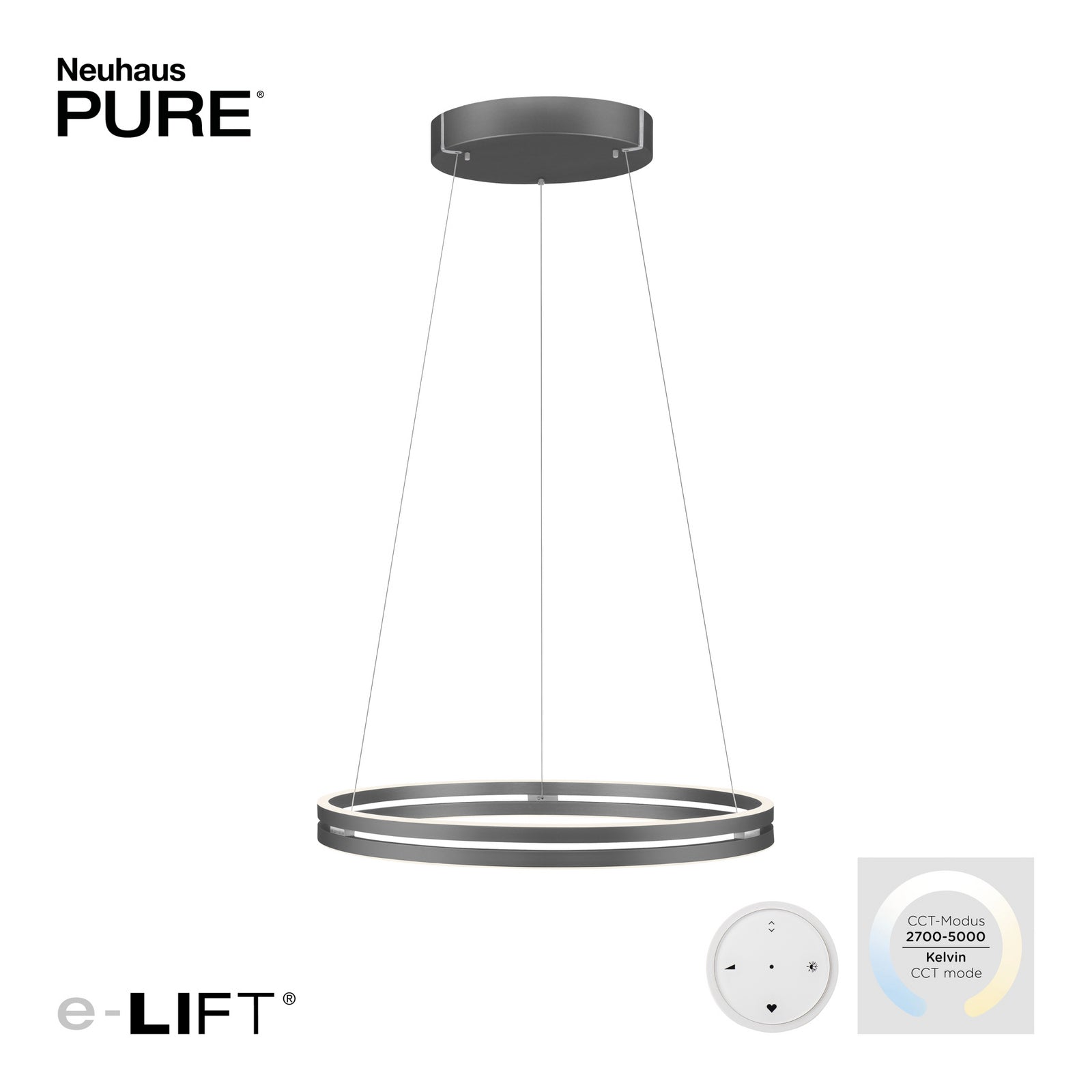 LED pendellampe PURE E-Loop dimbar CCT grå Ø70 cm elektrisk høydejustering