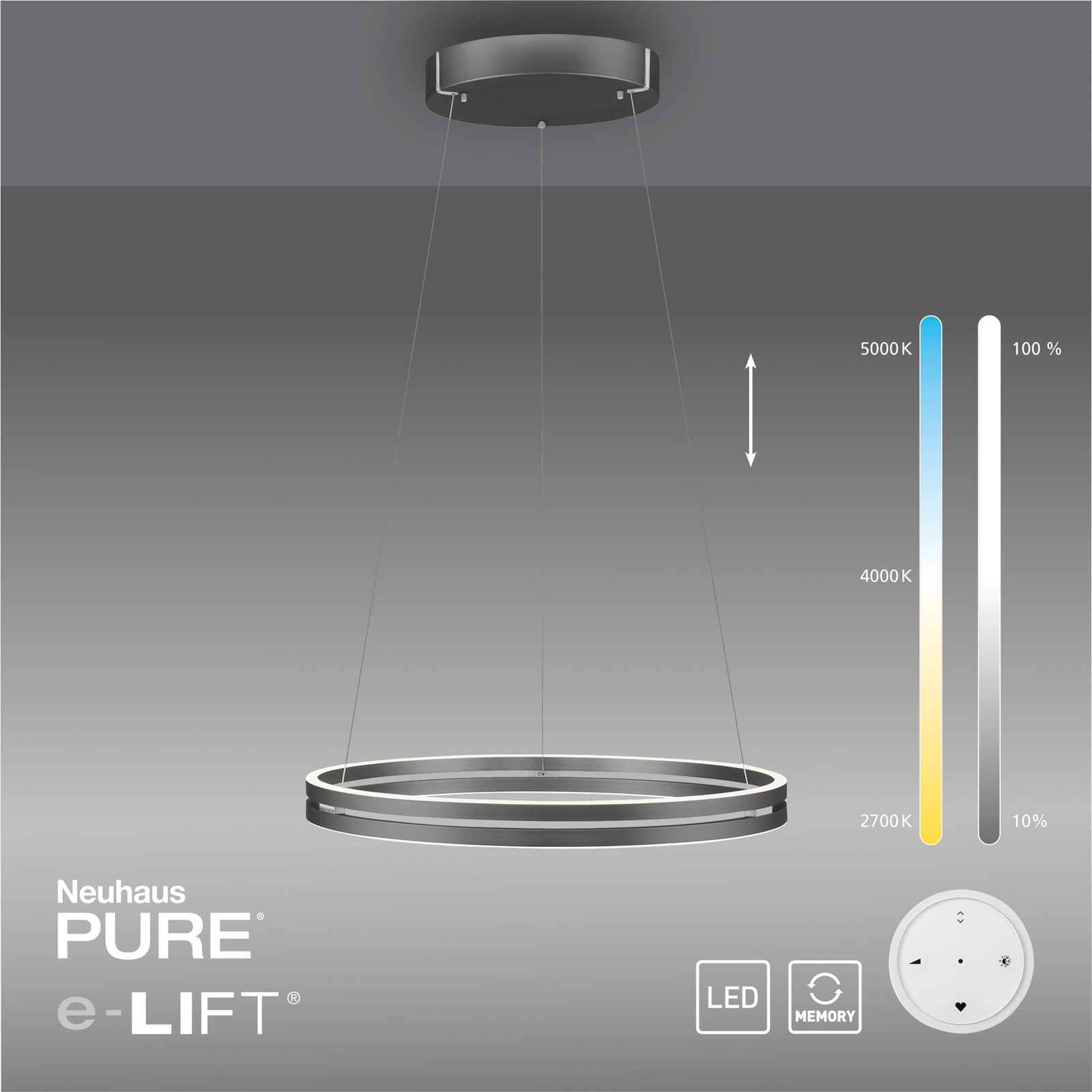 LED pendellampe PURE E-Loop dimbar CCT grå Ø70 cm aluminium materiale