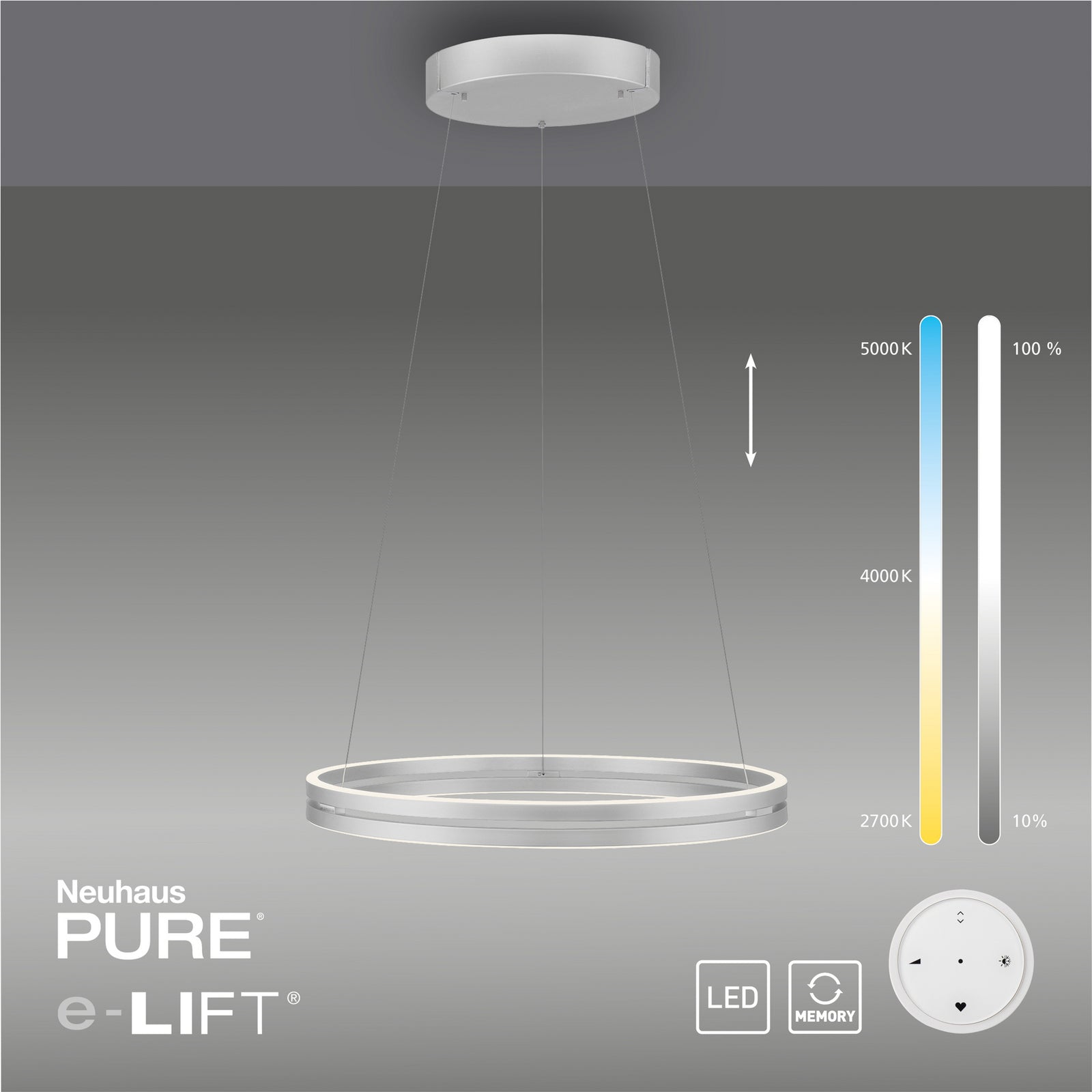 LED pendellampe PURE E-Loop aluminium Ø70 cm opplyst