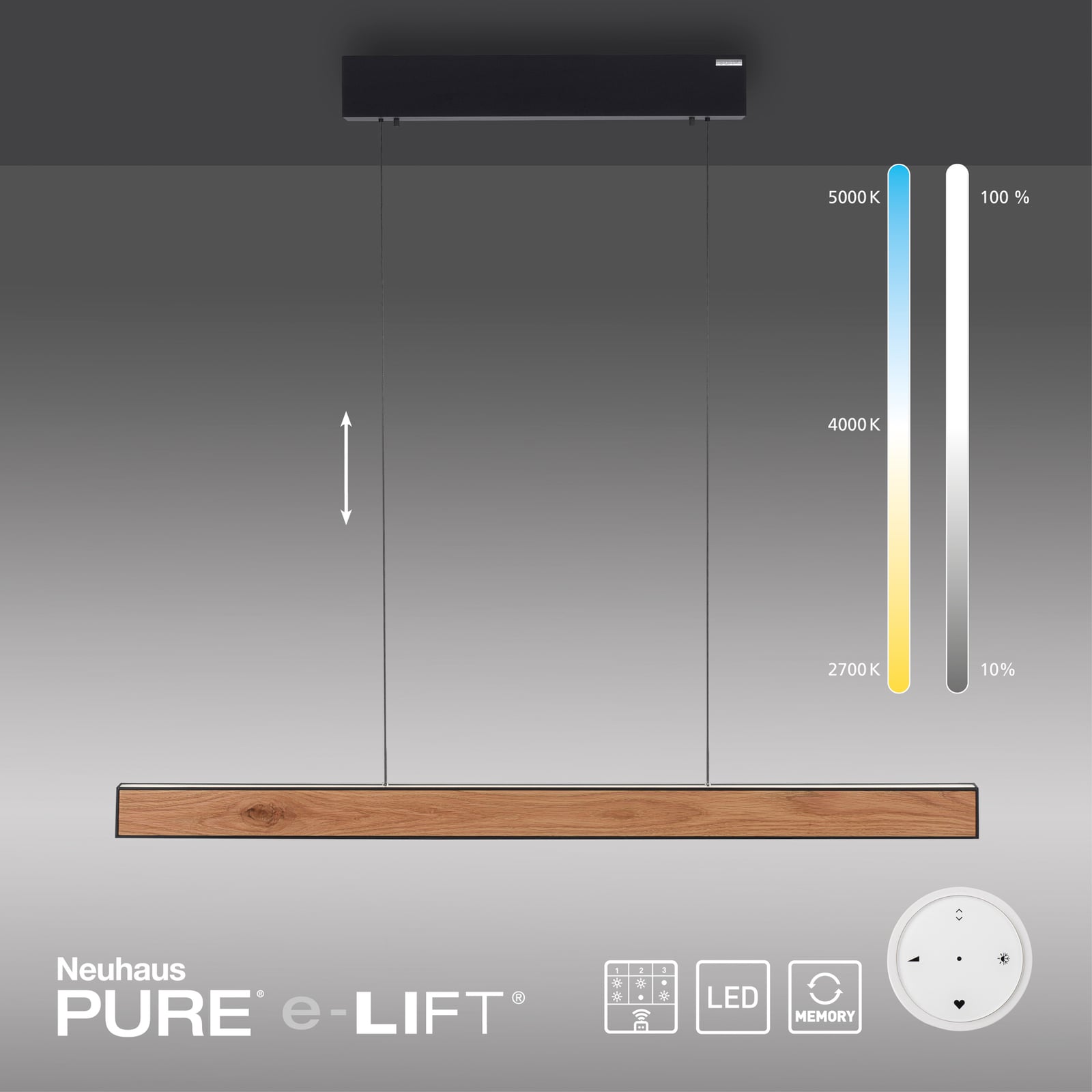 LED pendellampe PURE E-Motion eik/svart CCT fjernkontroll på vegg