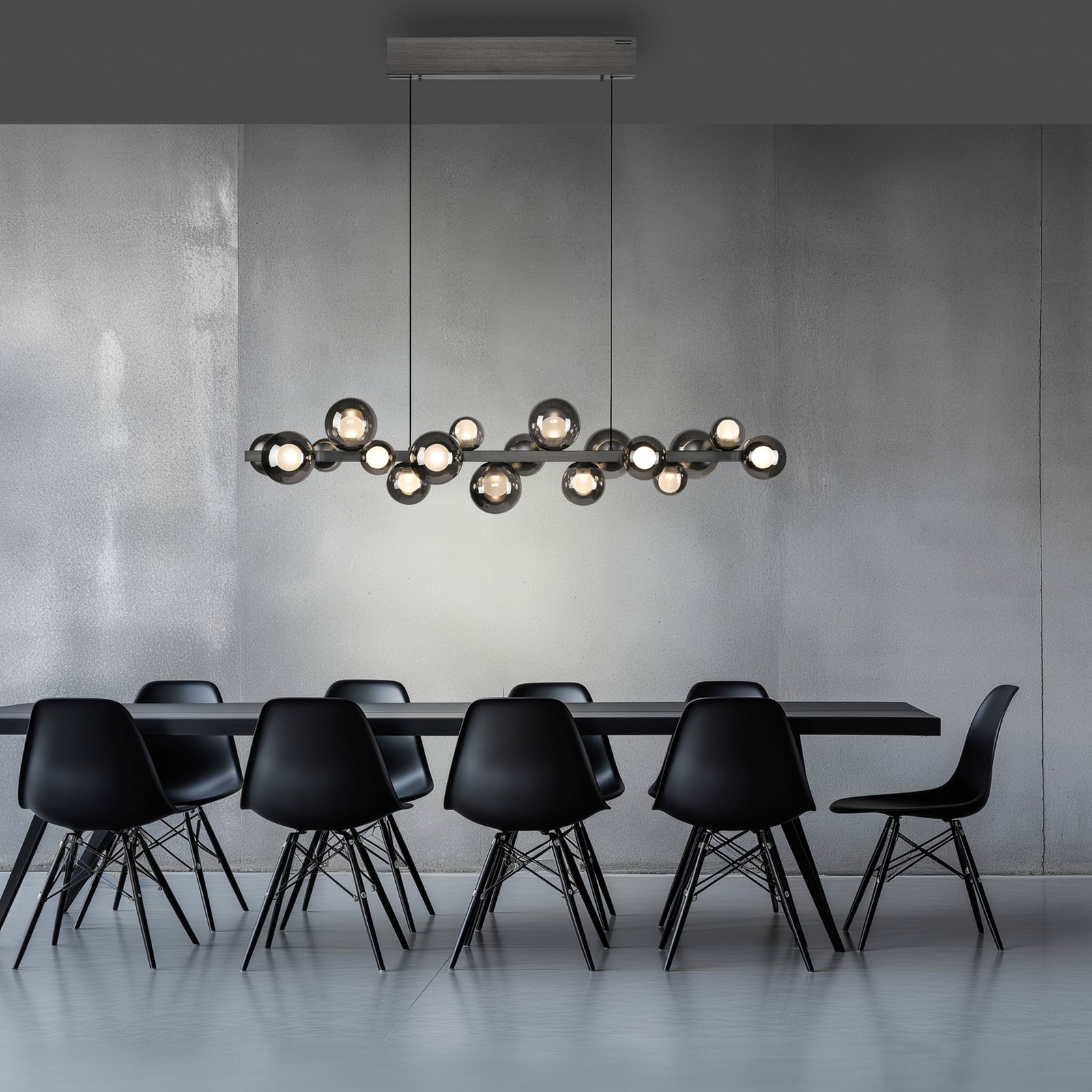LED pendellampe PURE E-Popup bakside med platin og røykgrå glass