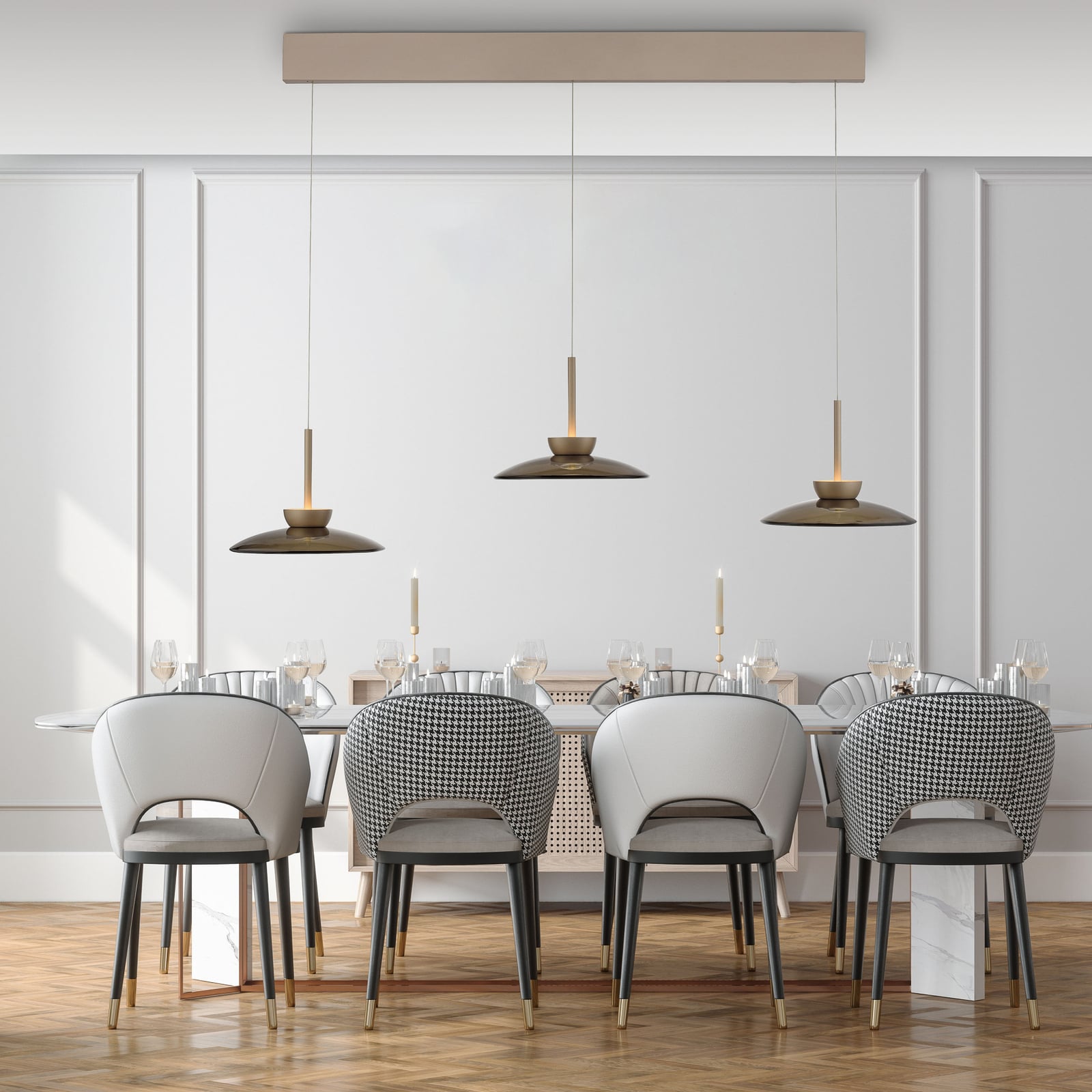 LED pendellampe PURE Moon 3-lys dimbar bronse amberglass bakside