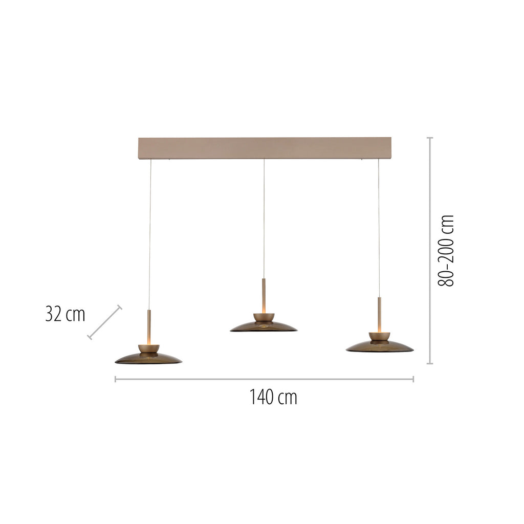LED pendellampe PURE Moon 3-lys dimbar bronse amberglass detalj av glasslampe