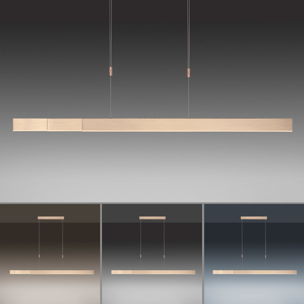 LED pendellampe Pure Moto dimbar CCT gull 200 cm montert i stue