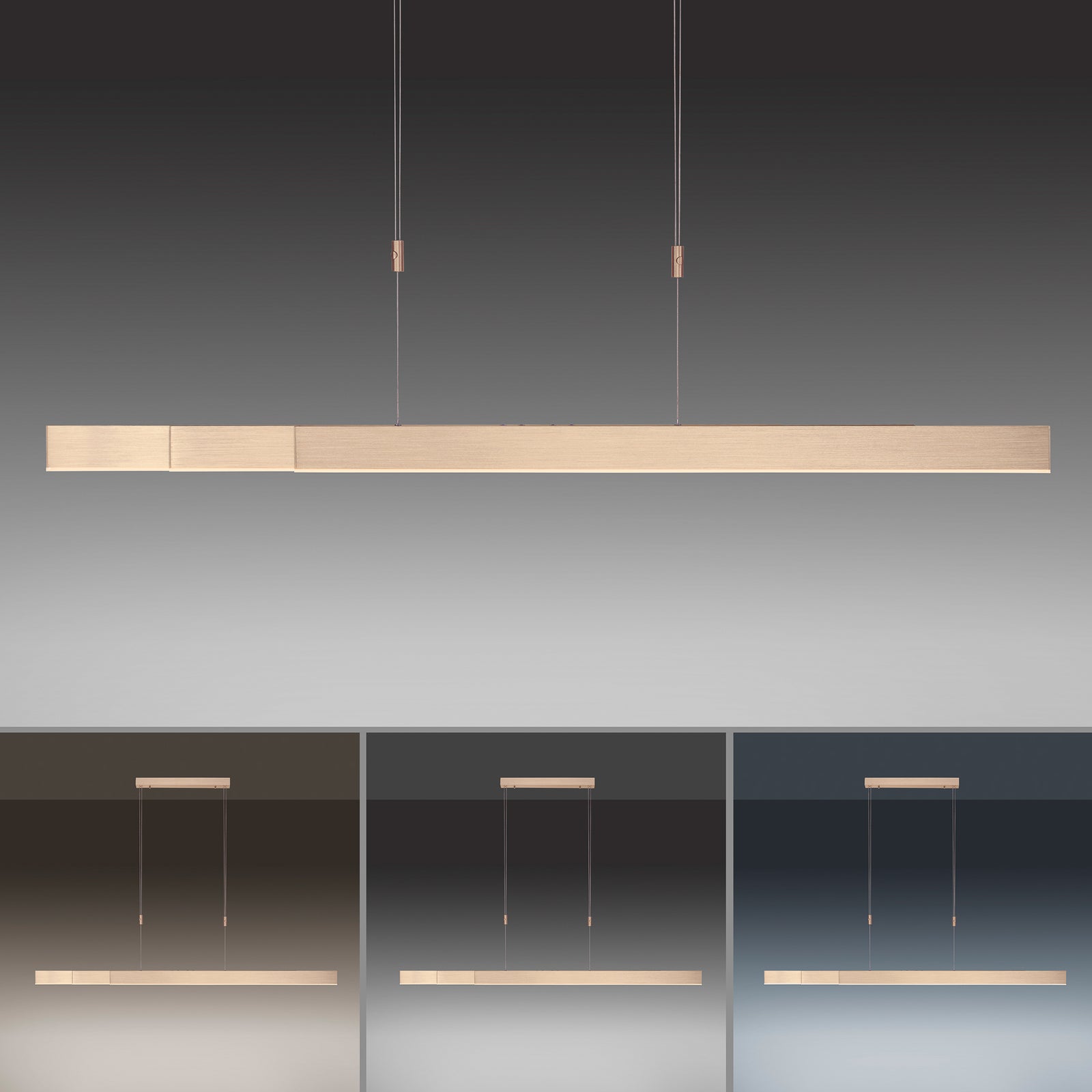 LED pendellampe Pure Moto dimbar CCT gull 200 cm montert i stue
