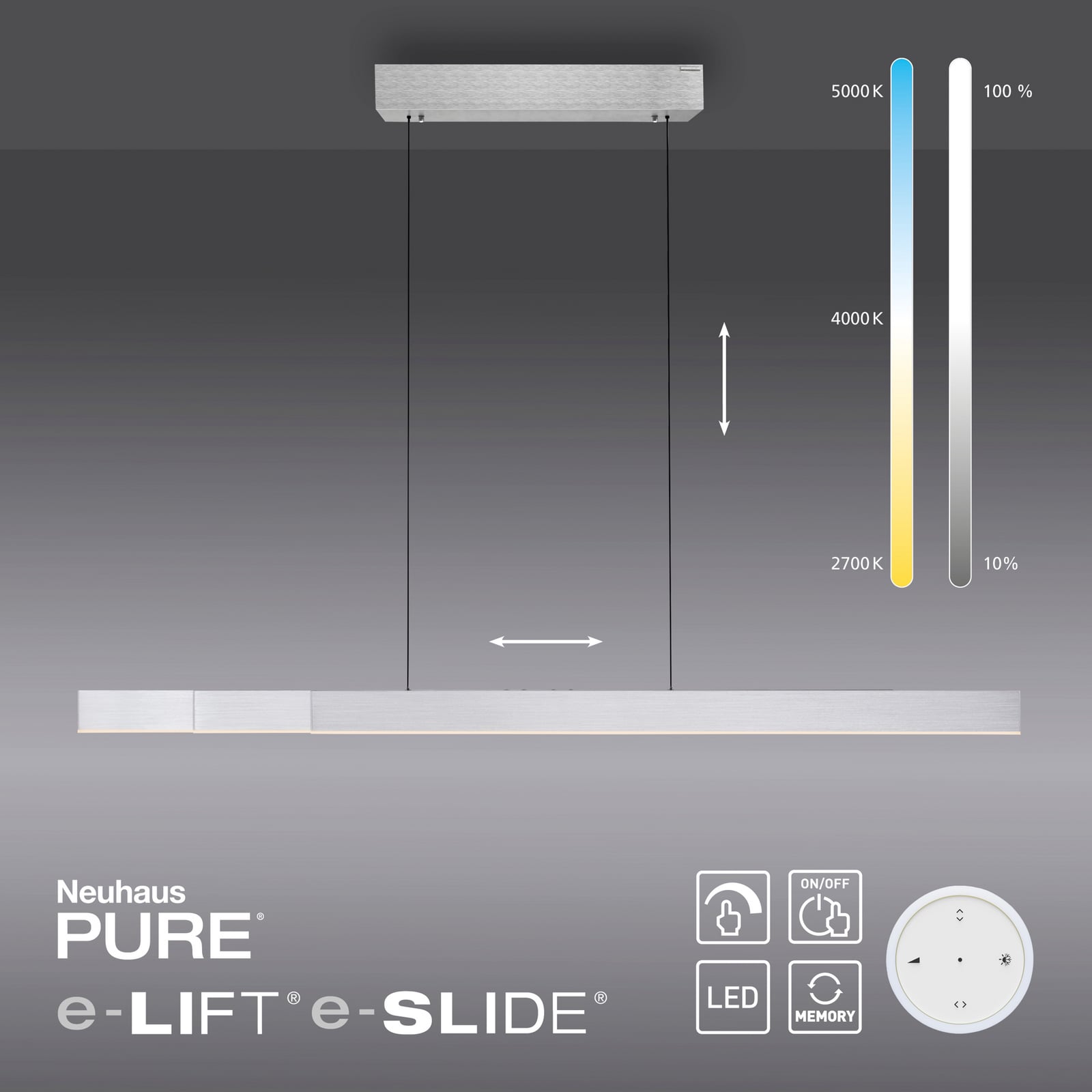 LED pendellampe PURE Moto-Rise aluminium 120 cm høydejustering