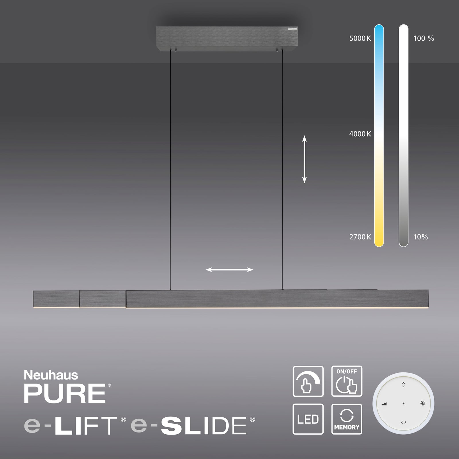 Lysstyrkejustering på LED pendellampe PURE Moto-Rise aluminium CCT 120 cm