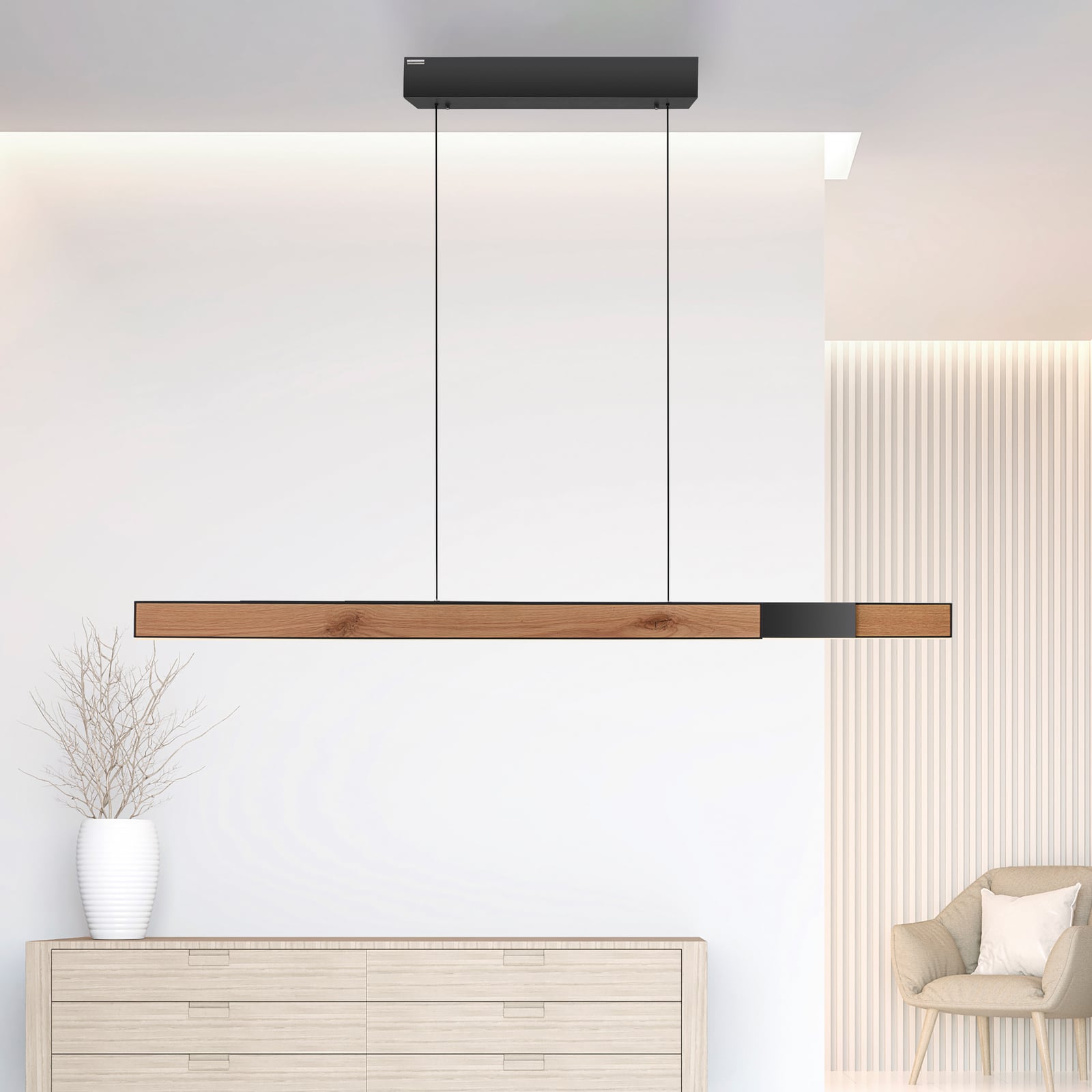 LED pendellampe PURE Moto-Rise eik/svart CCT fjernkontroll forfra