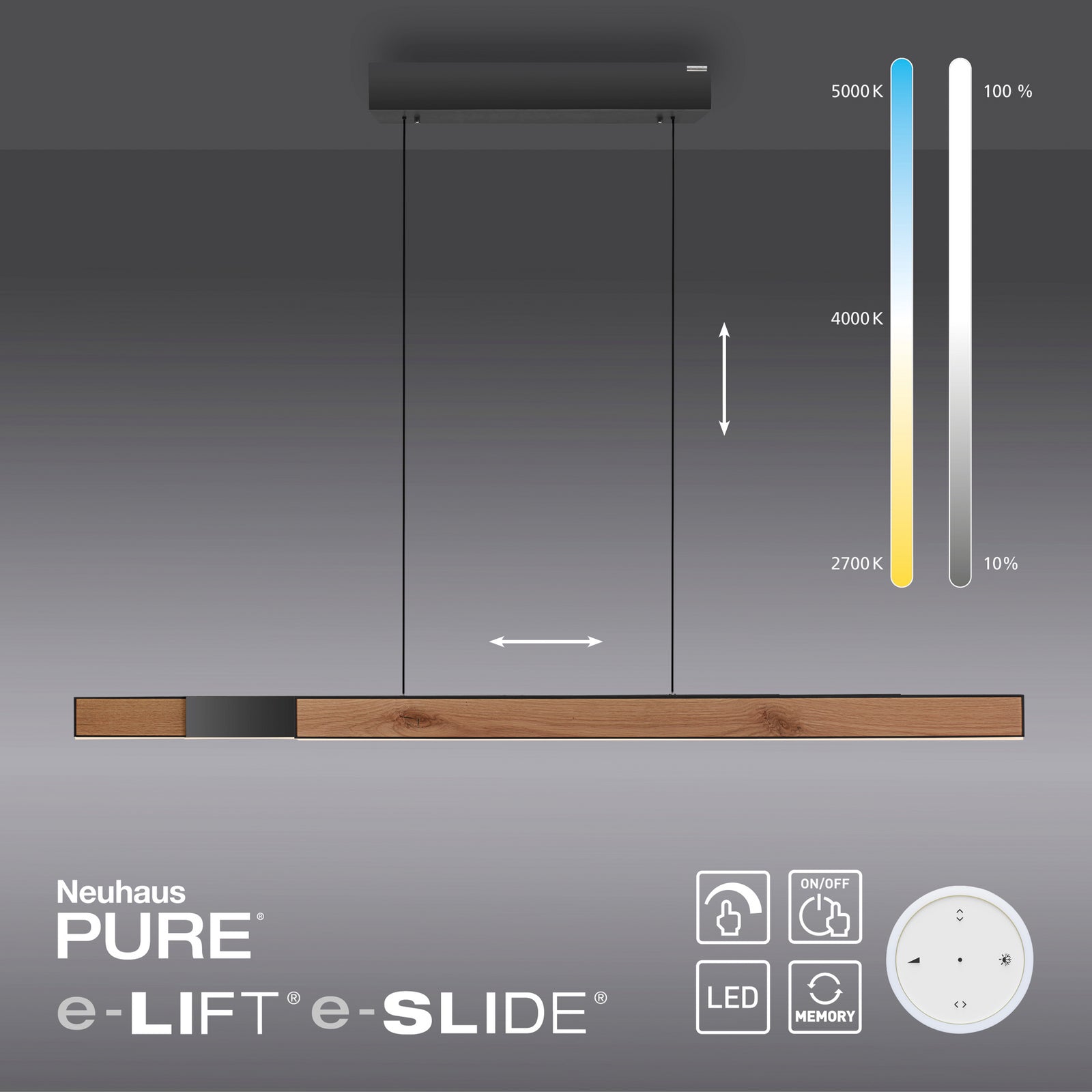 LED pendellampe PURE Moto-Rise eik/svart CCT fjernkontroll dimbar funksjon
