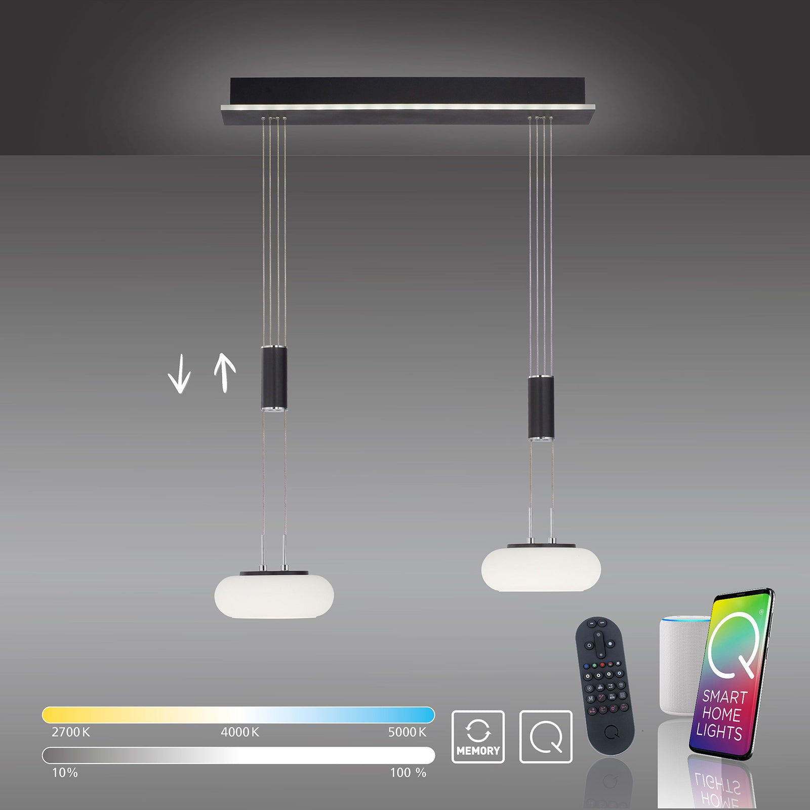LED pendellampe Q-ETIENNE 2-lys glass dimbar CCT Zigbee aluminium detalj