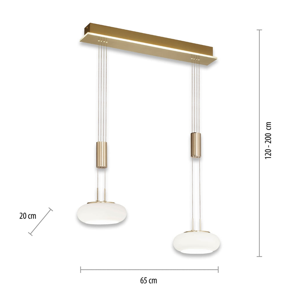 LED pendellampe Q-ETIENNE 2-lys messing glass CCT Zigbee montert i rom
