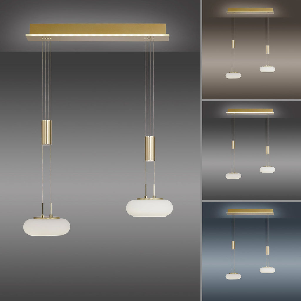 LED pendellampe Q-ETIENNE 2-lys messing glass CCT Zigbee detalj av messingdetaljer