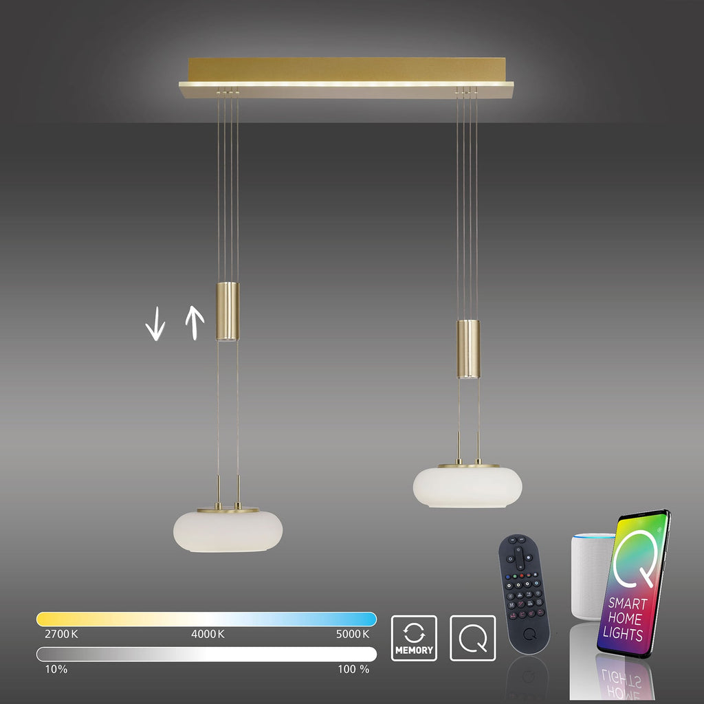 LED pendellampe Q-ETIENNE 2-lys messing glass CCT Zigbee lys i bruk
