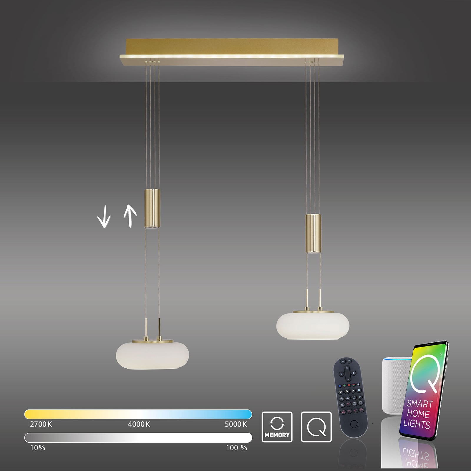 LED pendellampe Q-ETIENNE 2-lys messing glass CCT Zigbee lys i bruk
