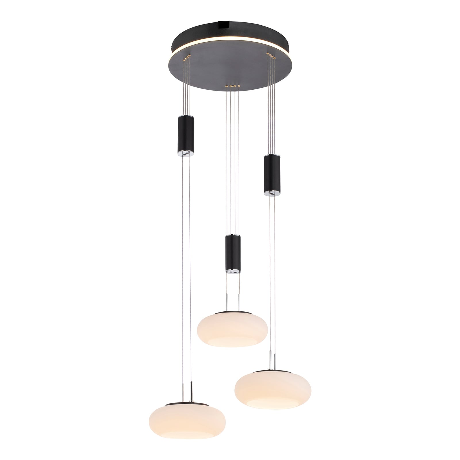 Detalj av glasslampe i LED pendellampe Q-ETIENNE 3-lys svart dimbar CCT Zigbee