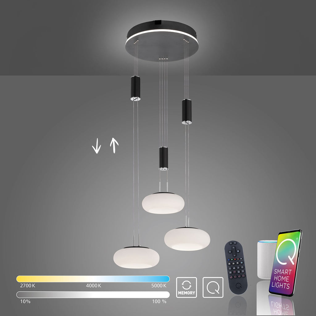 Sideprofil av LED pendellampe Q-ETIENNE 3-lys svart dimbar CCT Zigbee