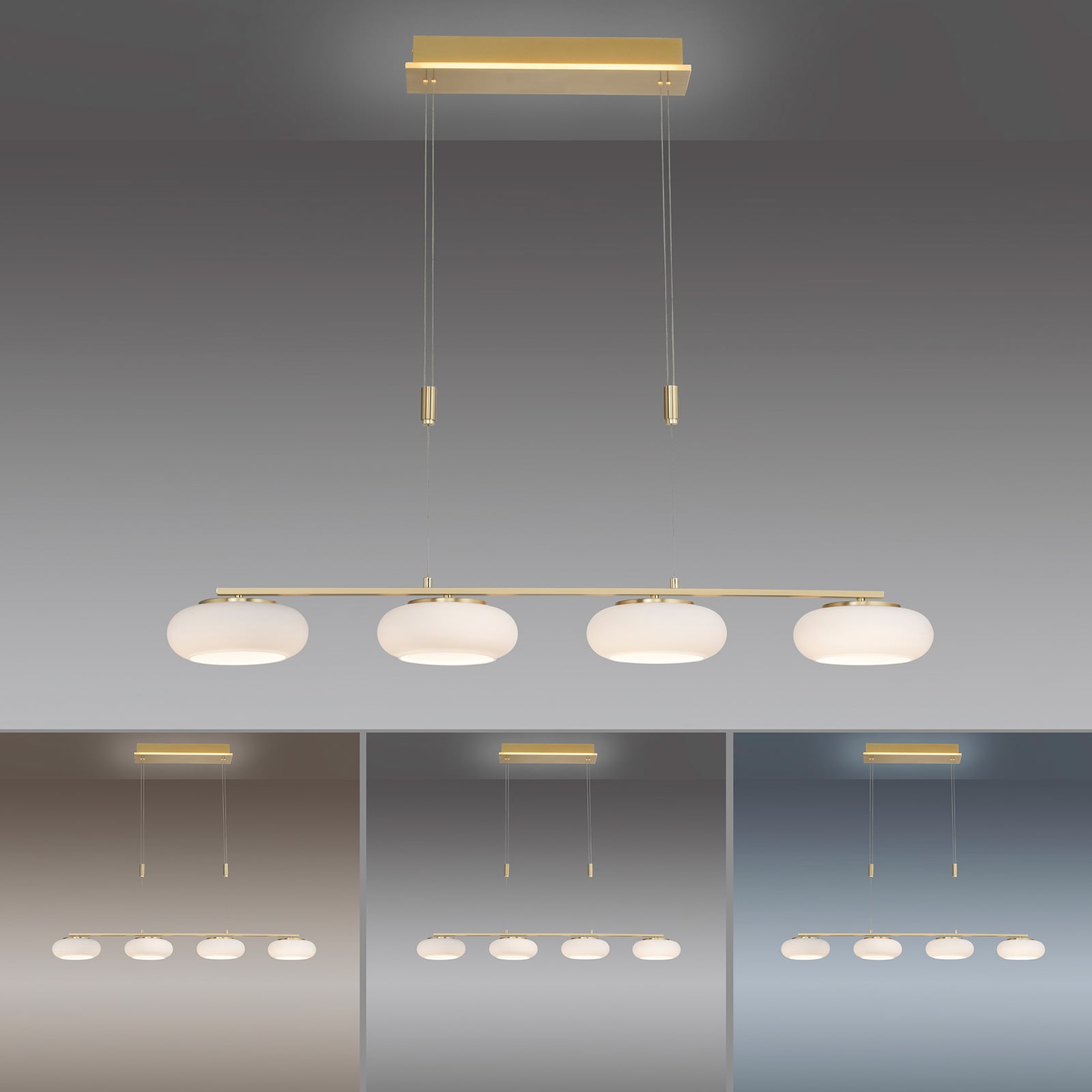 LED pendellampe Q-ETIENNE 4-lys messing CCT dimbar justerbar høyde